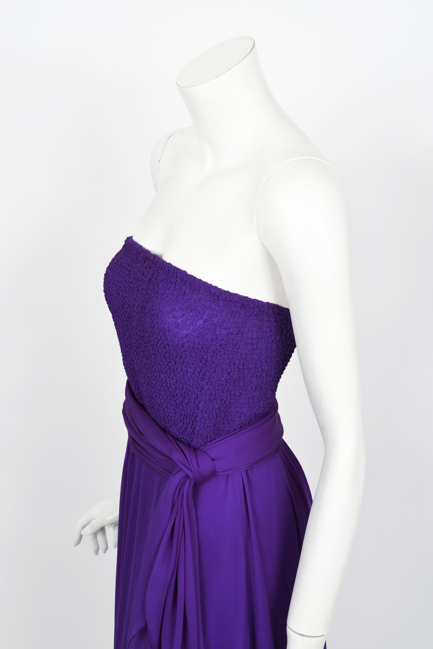 Vintage 1970's Halston Couture Purple Silk Strapless Tube-Top Maxi Dress Set 8