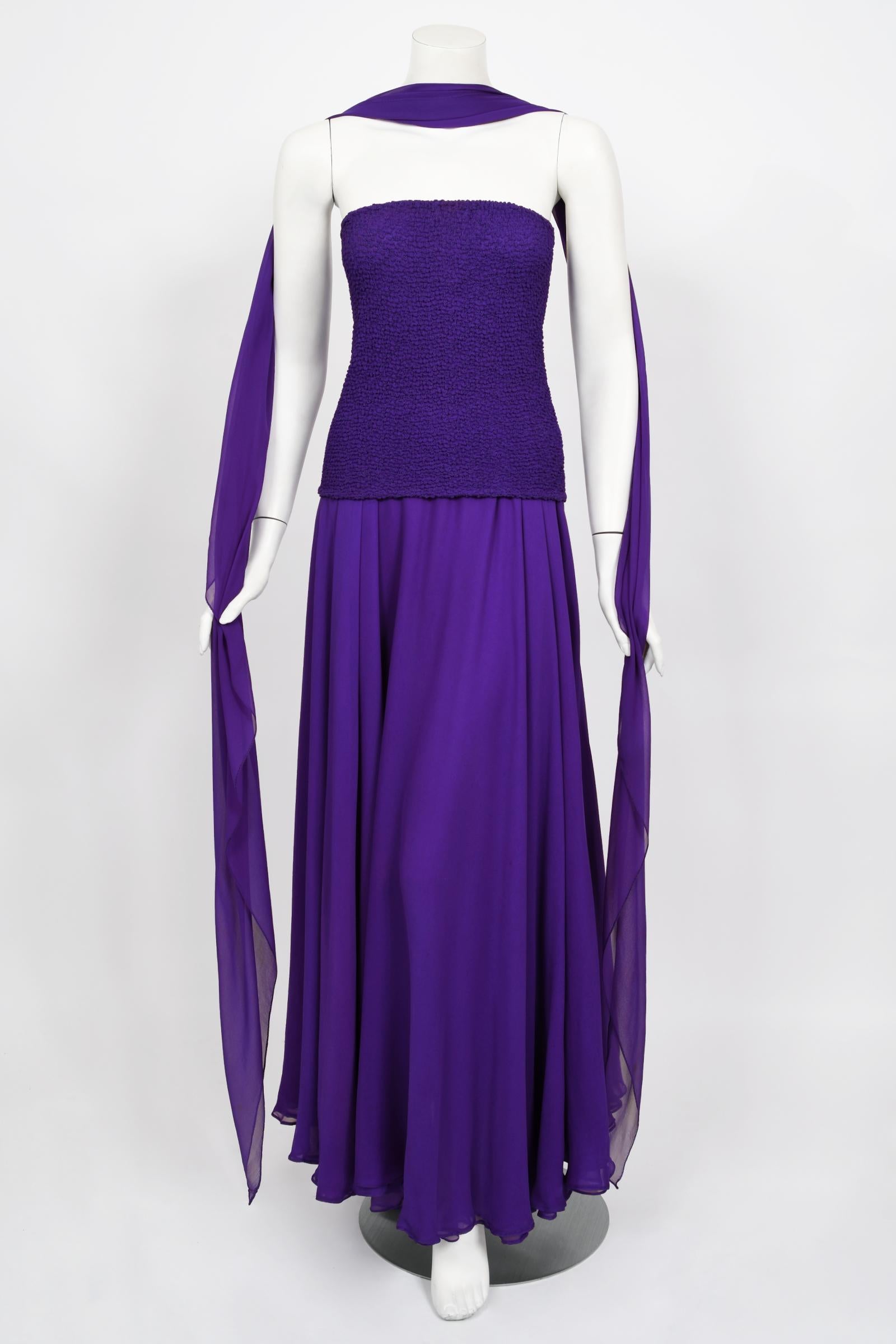 Vintage 1970's Halston Couture Purple Silk Strapless Tube-Top Maxi Dress Set 10
