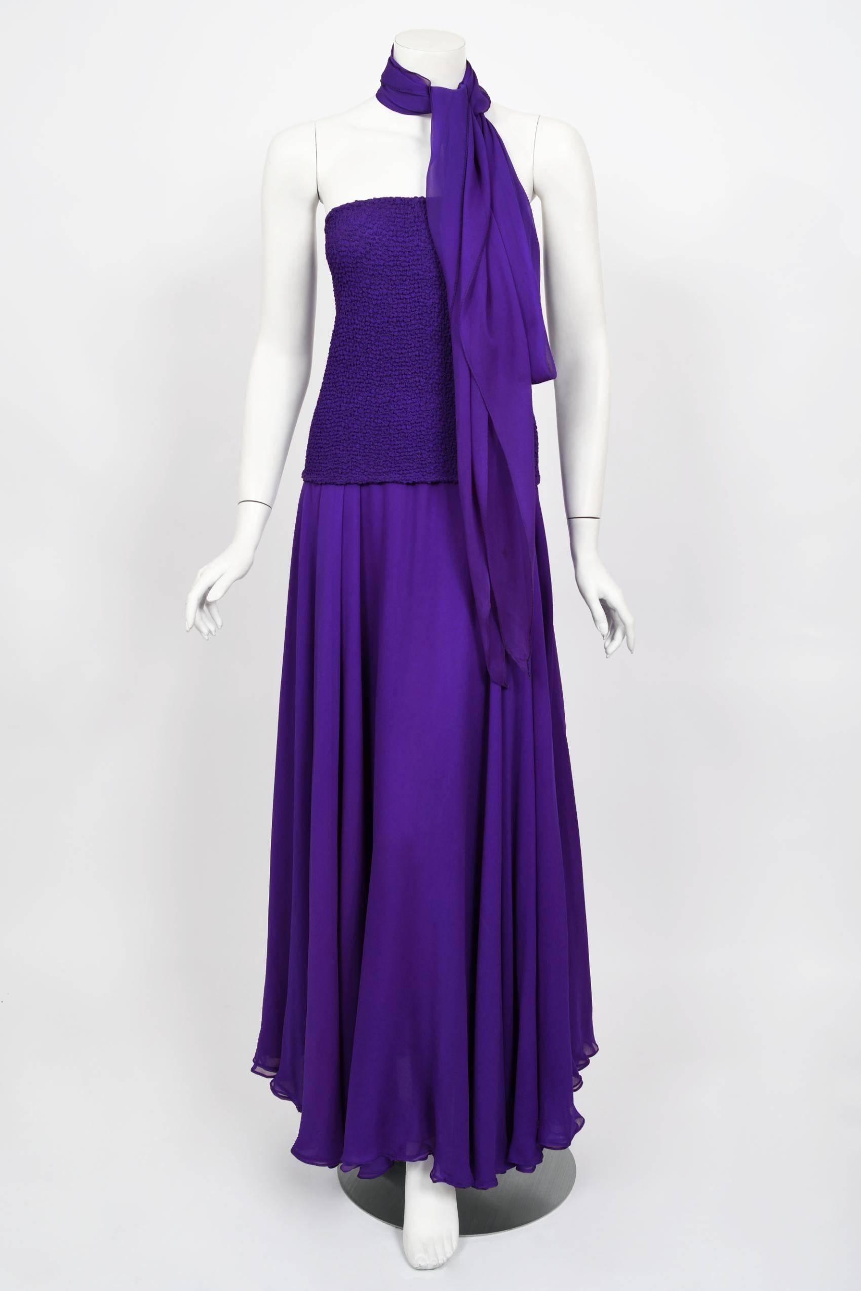 Vintage 1970's Halston Couture Purple Silk Strapless Tube-Top Maxi Dress Set 11