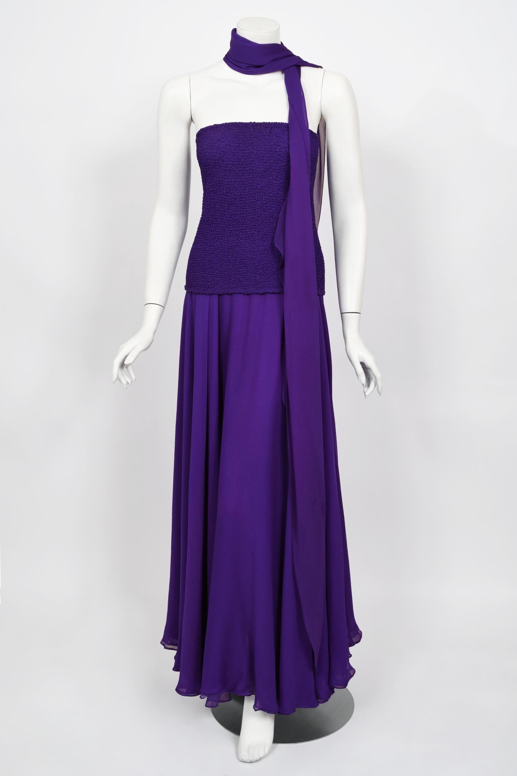 Vintage 1970's Halston Couture Purple Silk Strapless Tube-Top Maxi Dress Set 12