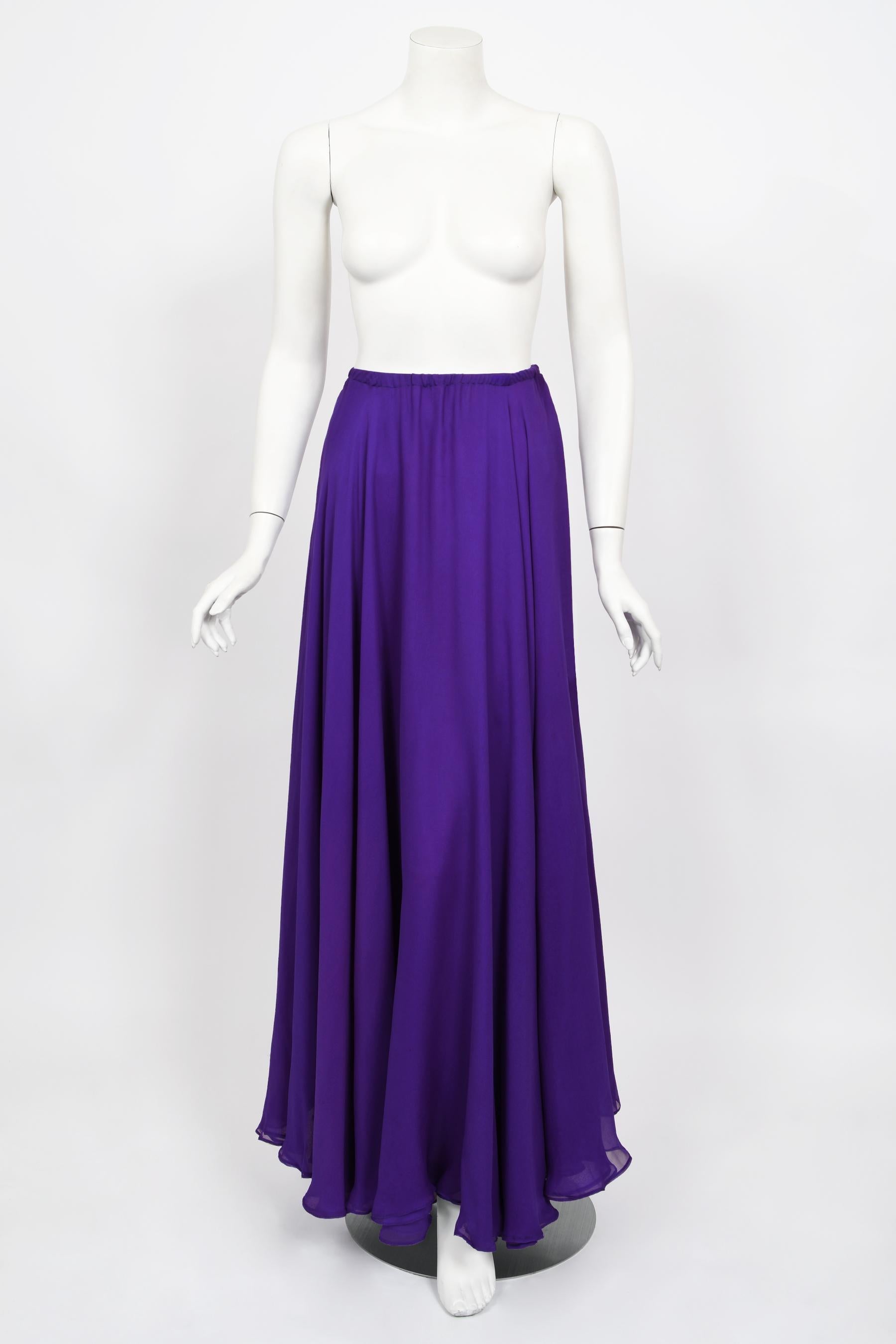 Vintage 1970's Halston Couture Purple Silk Strapless Tube-Top Maxi Dress Set 13