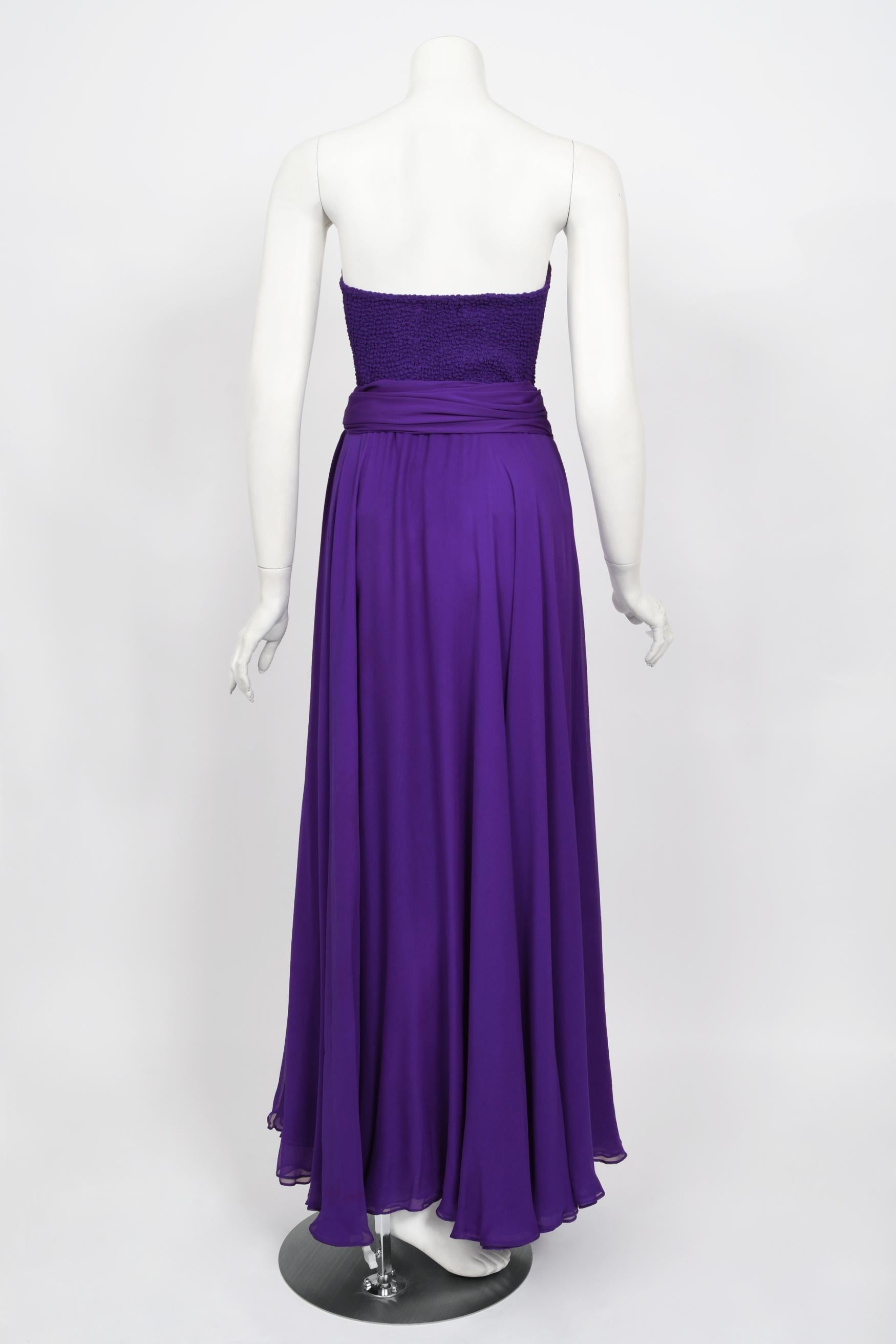 Vintage 1970's Halston Couture Purple Silk Strapless Tube-Top Maxi Dress Set 14