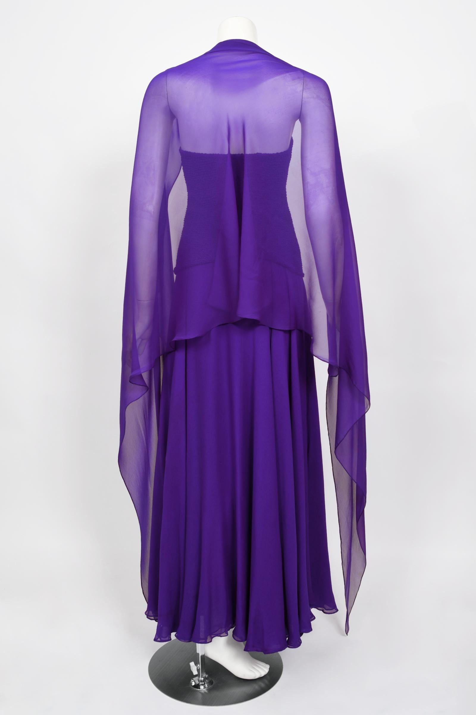 Vintage 1970's Halston Couture Purple Silk Strapless Tube-Top Maxi Dress Set 15