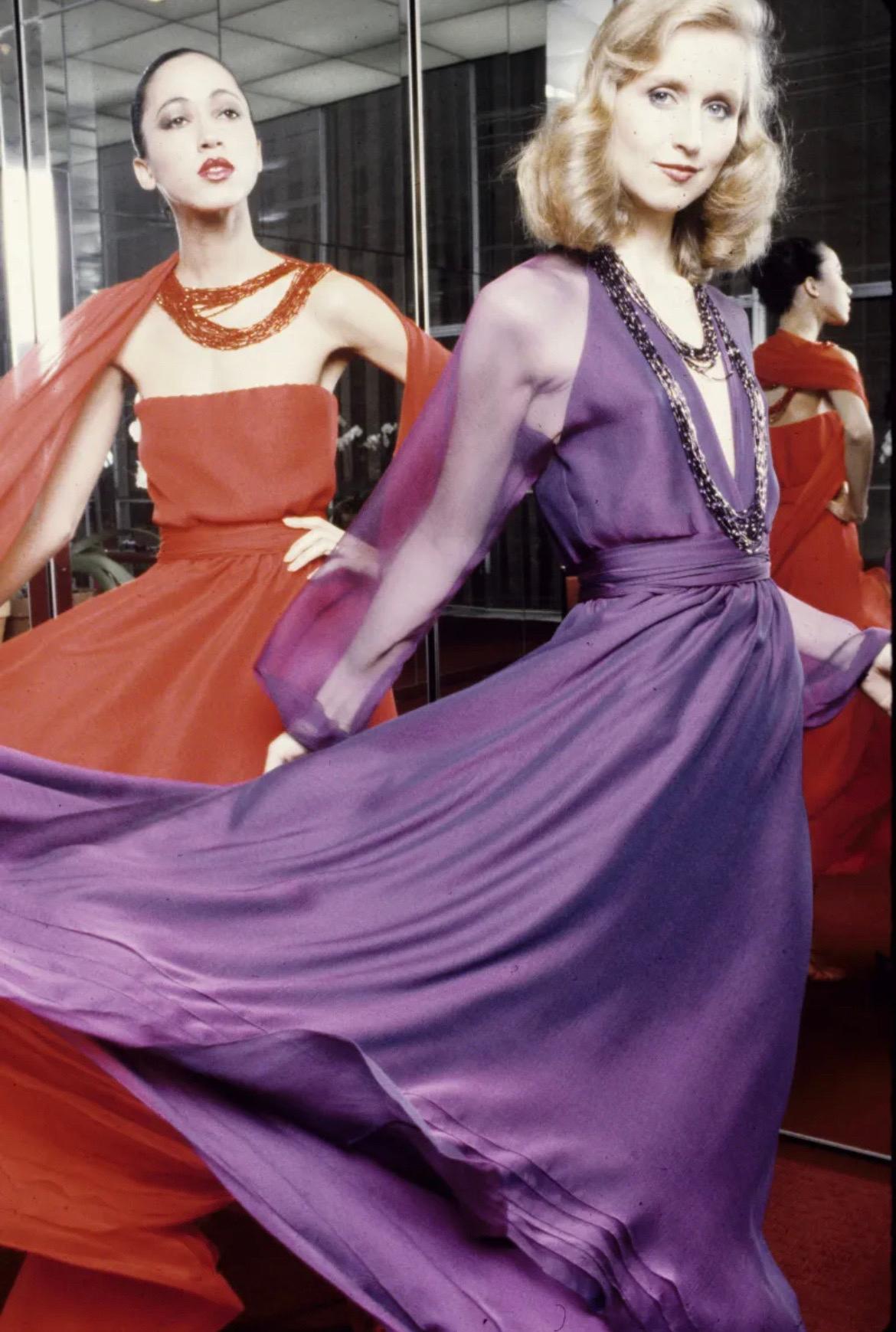 An absolutely gorgeous and incredibly rare Halston couture royal purple strapless gown ensemble dating back to his spring-summer 1978 collection. Halston revolutionized the way women dress and is one of the few designers, alongside Claire McCardell
