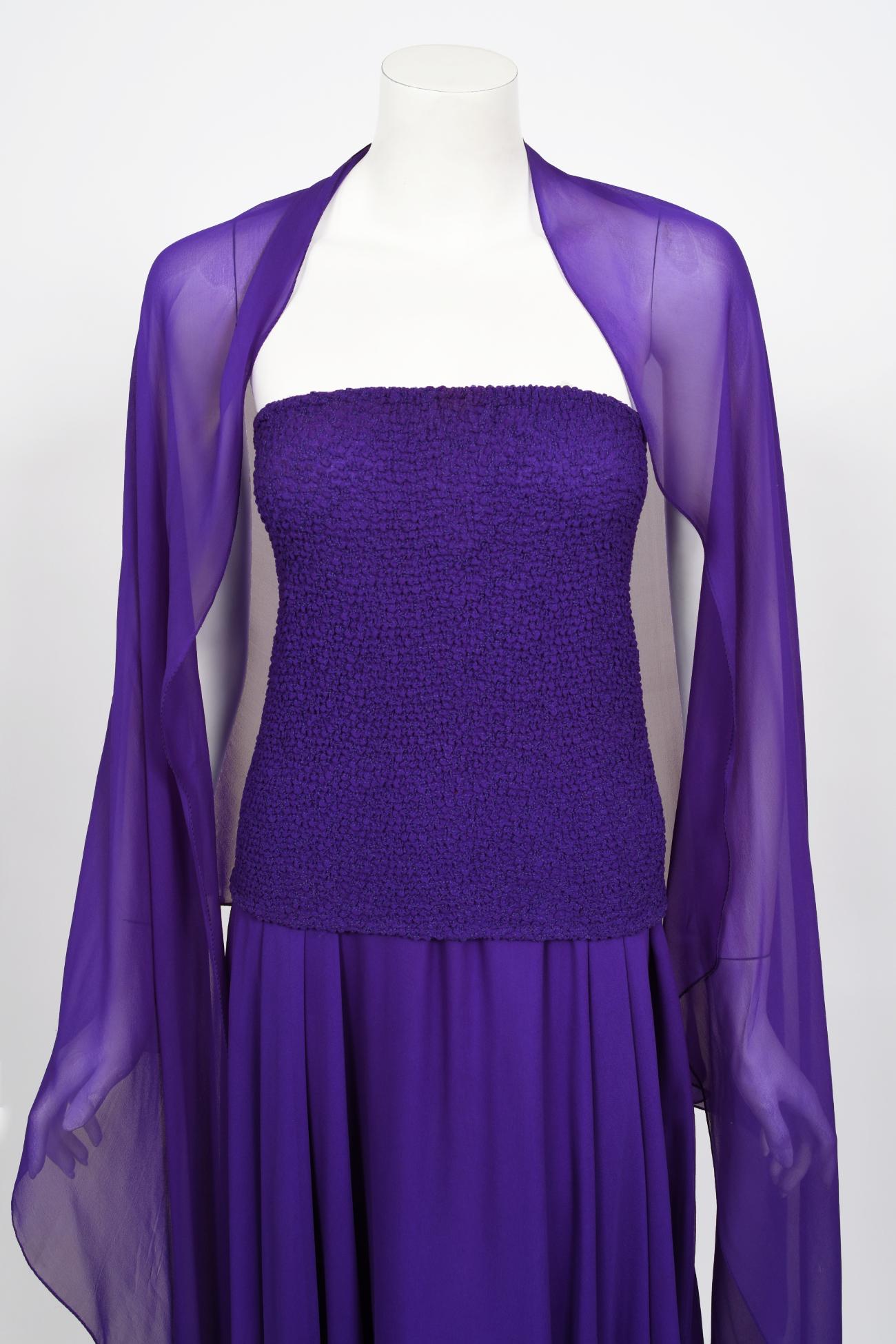 Vintage 1970's Halston Couture Purple Silk Strapless Tube-Top Maxi Dress Set In Good Condition In Beverly Hills, CA