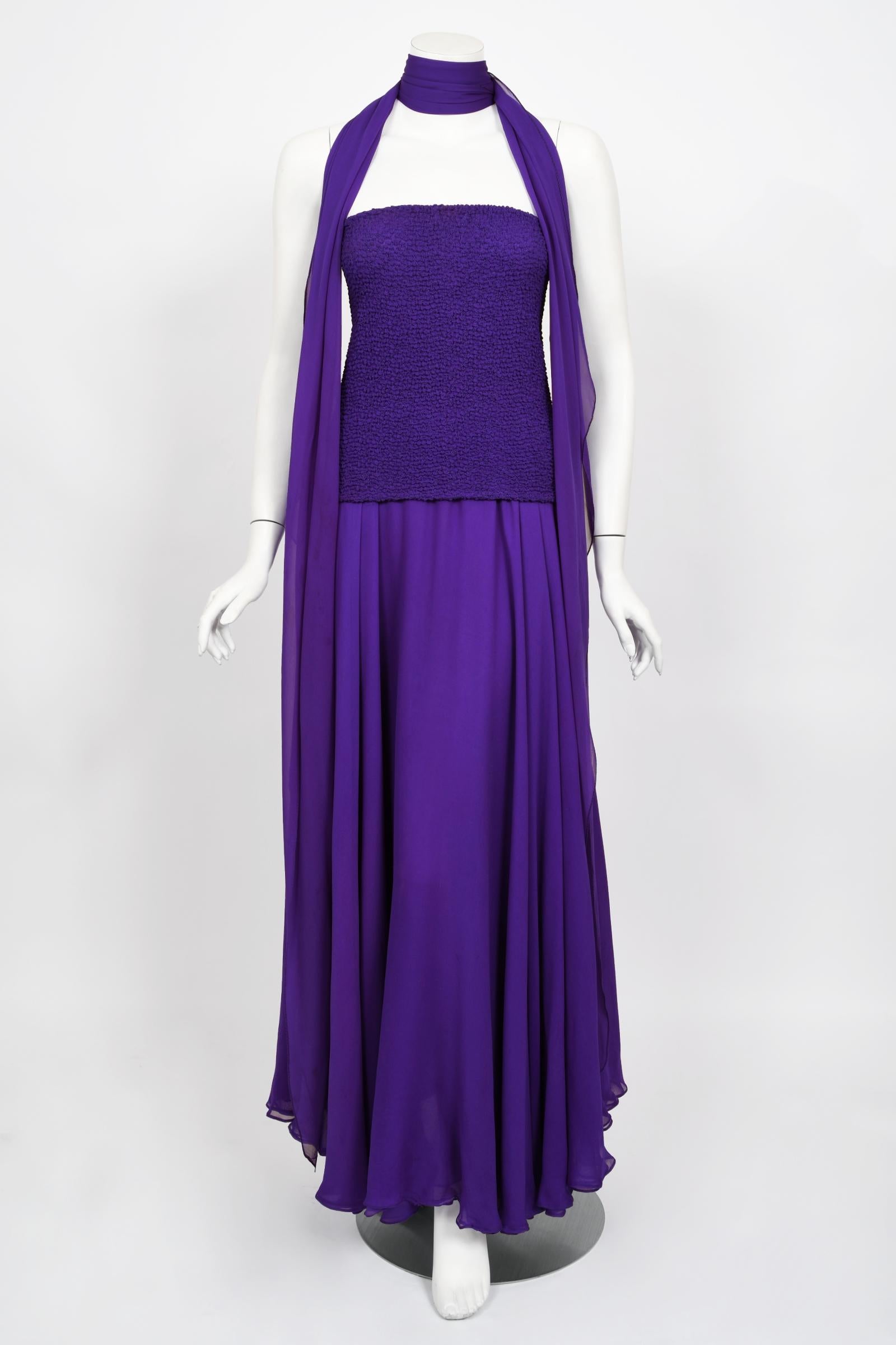 Women's Vintage 1970's Halston Couture Purple Silk Strapless Tube-Top Maxi Dress Set