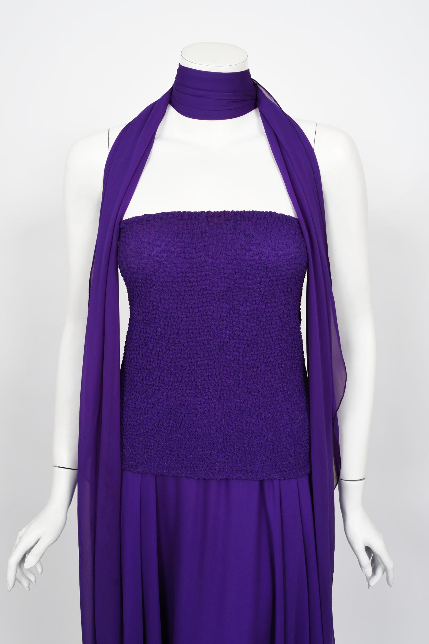 Vintage 1970's Halston Couture Purple Silk Strapless Tube-Top Maxi Dress Set 1