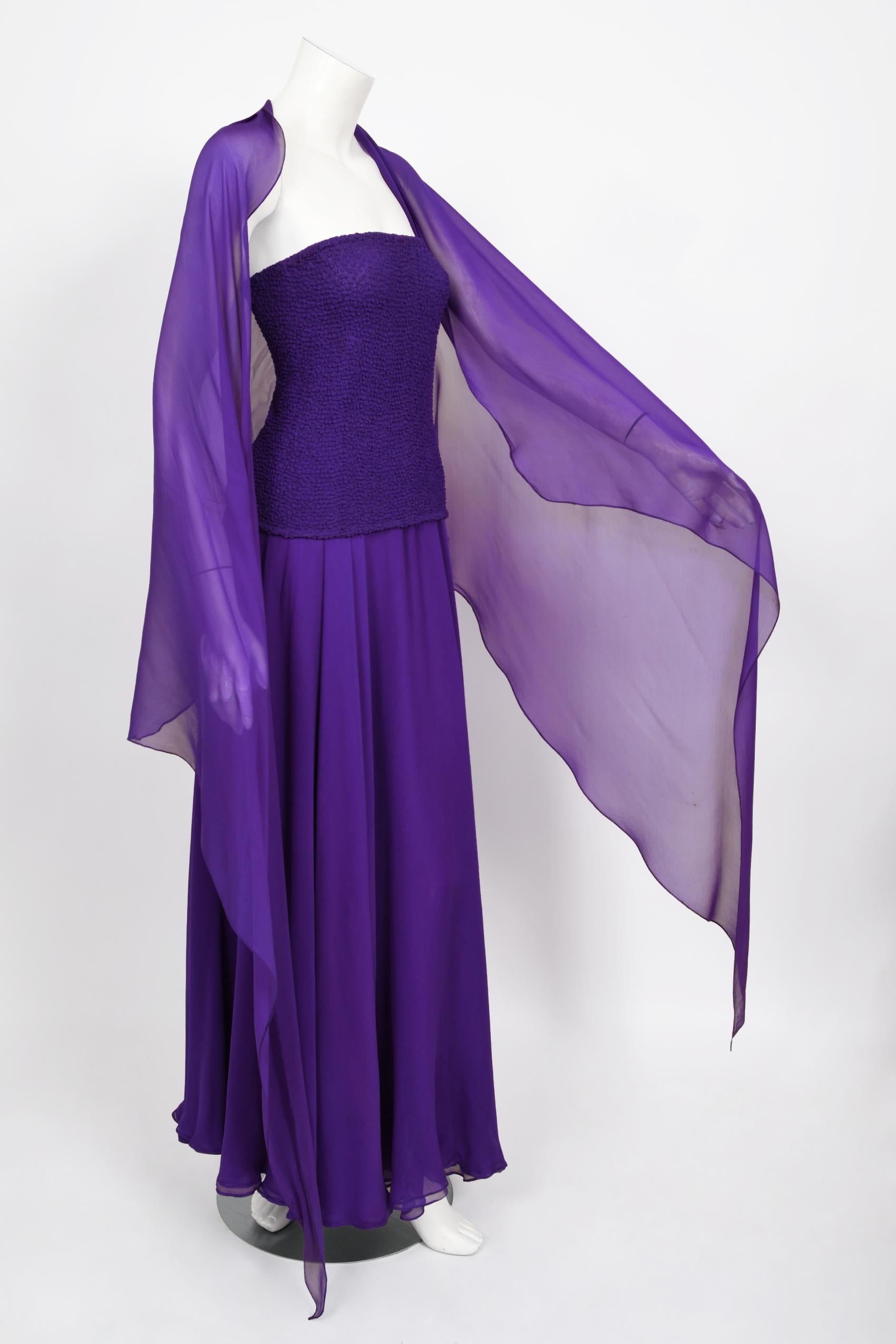 Vintage 1970's Halston Couture Purple Silk Strapless Tube-Top Maxi Dress Set 2
