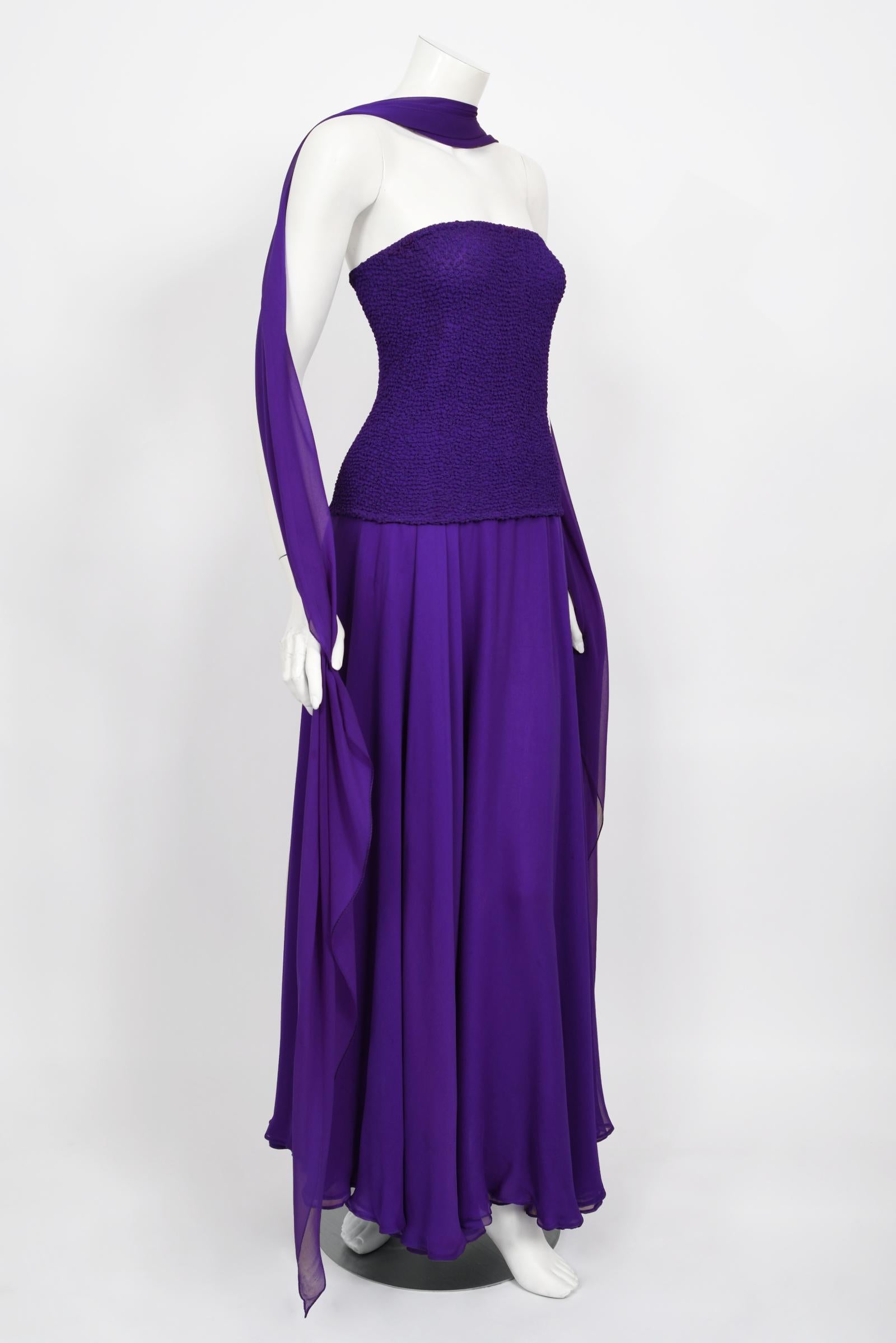 Vintage 1970's Halston Couture Purple Silk Strapless Tube-Top Maxi Dress Set 3