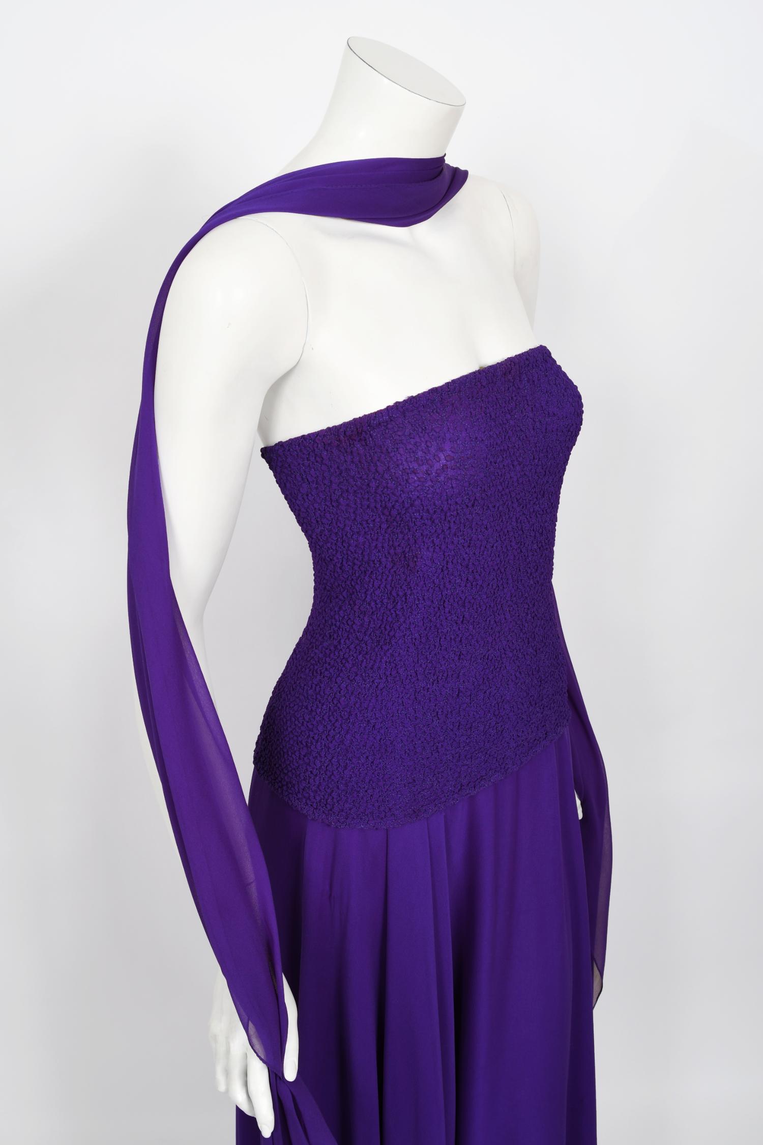 Vintage 1970's Halston Couture Purple Silk Strapless Tube-Top Maxi Dress Set 4
