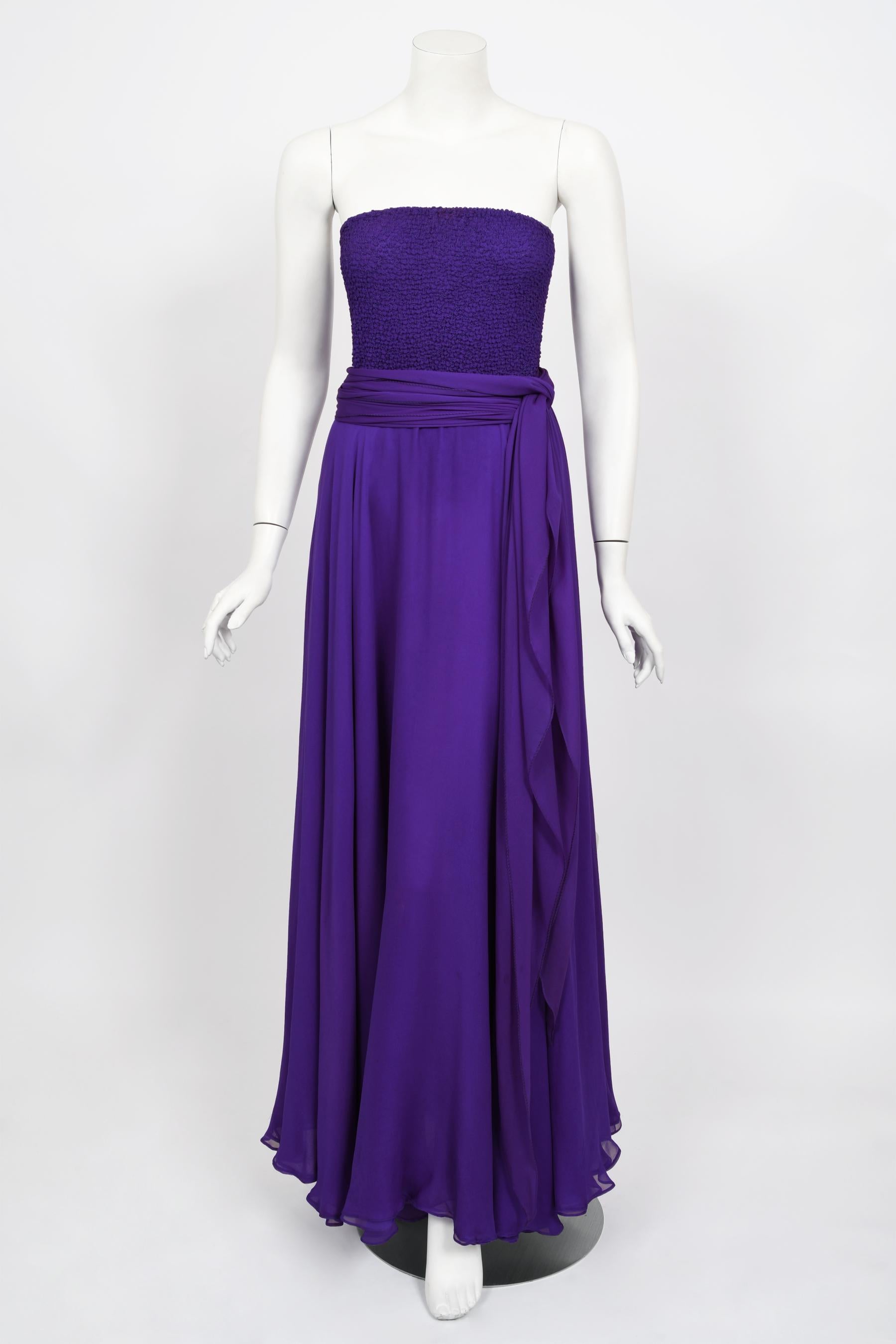 Vintage 1970's Halston Couture Purple Silk Strapless Tube-Top Maxi Dress Set 5