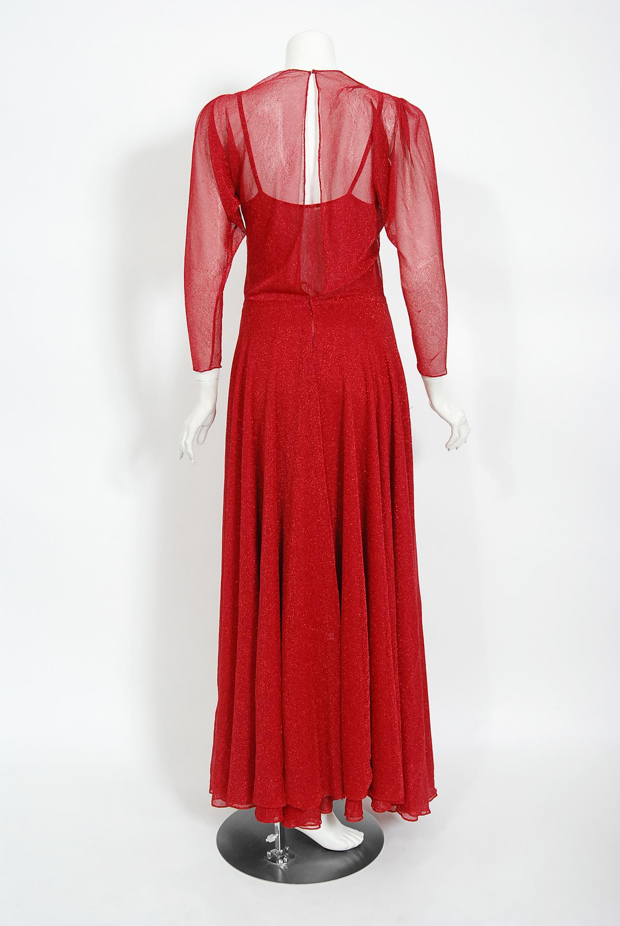 Vintage 1970's Halston Couture Red Metallic Sheer Knit Long-Sleeve Dress Gown For Sale 3