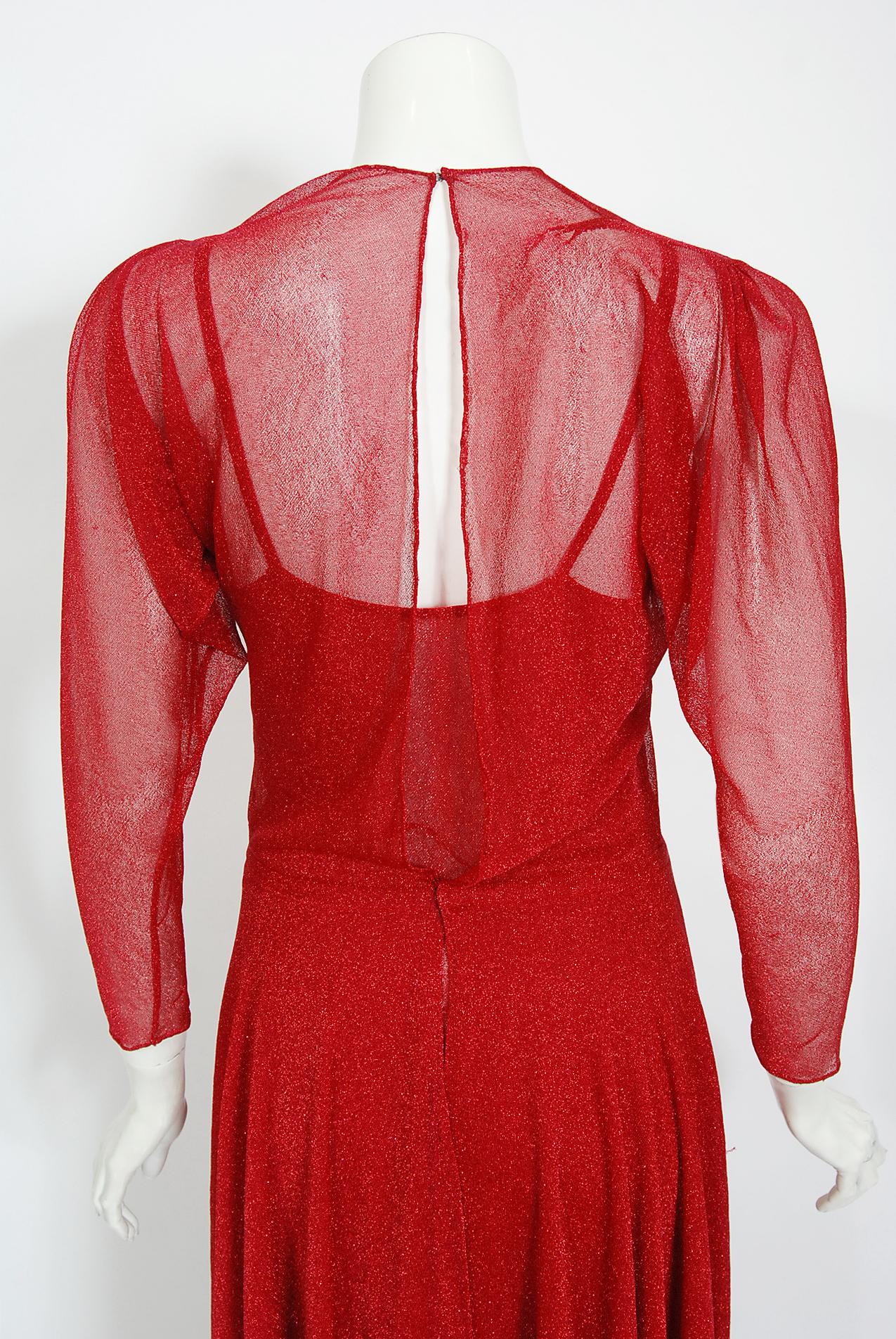 Vintage 1970's Halston Couture Red Metallic Sheer Knit Long-Sleeve Dress Gown For Sale 4