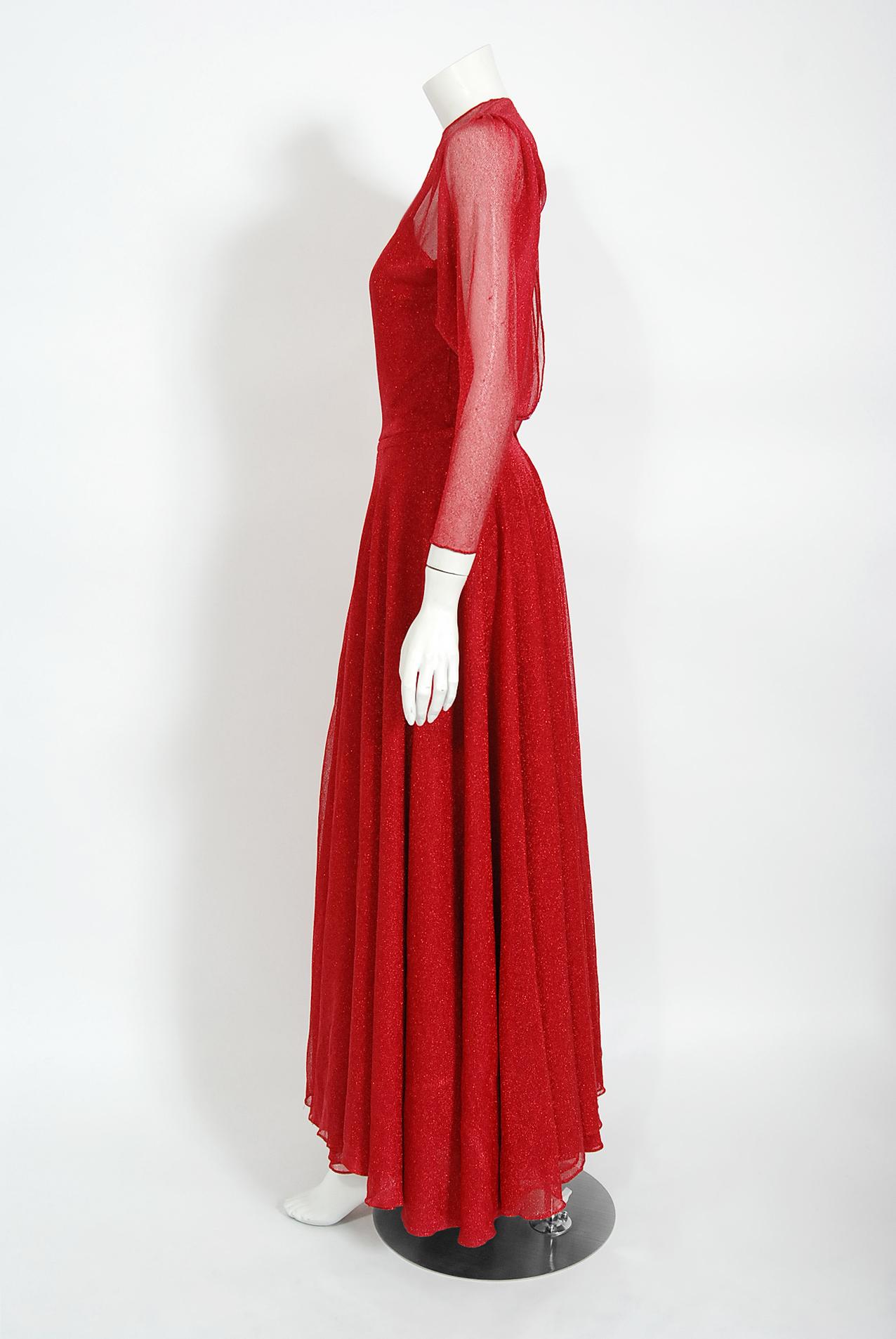 1970's Halston Couture Metallic Red Sheer Lurex Knit Long-Sleeve Maxi Dress Gown For Sale 1