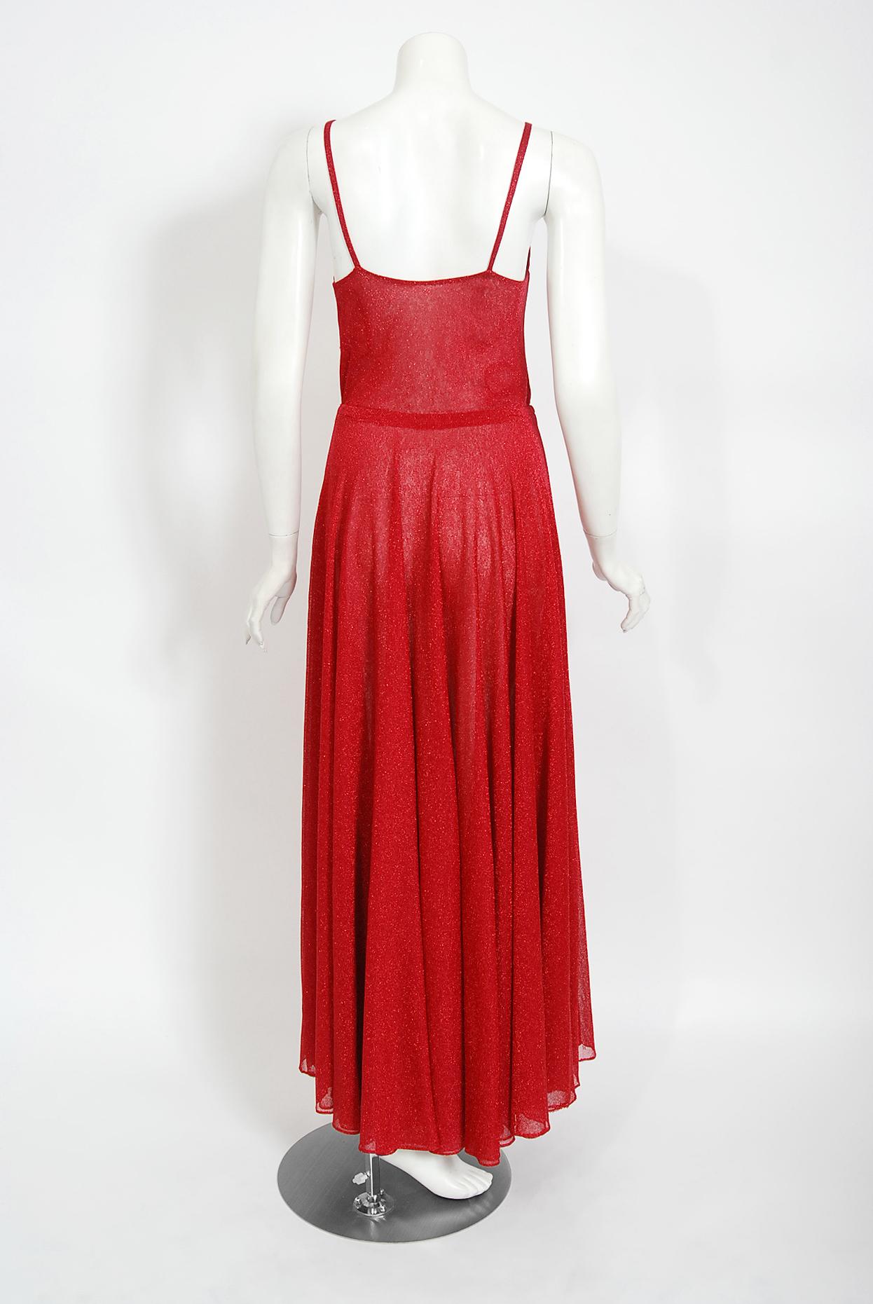 1970's Halston Couture Metallic Red Sheer Lurex Knit Long-Sleeve Maxi Dress Gown For Sale 2