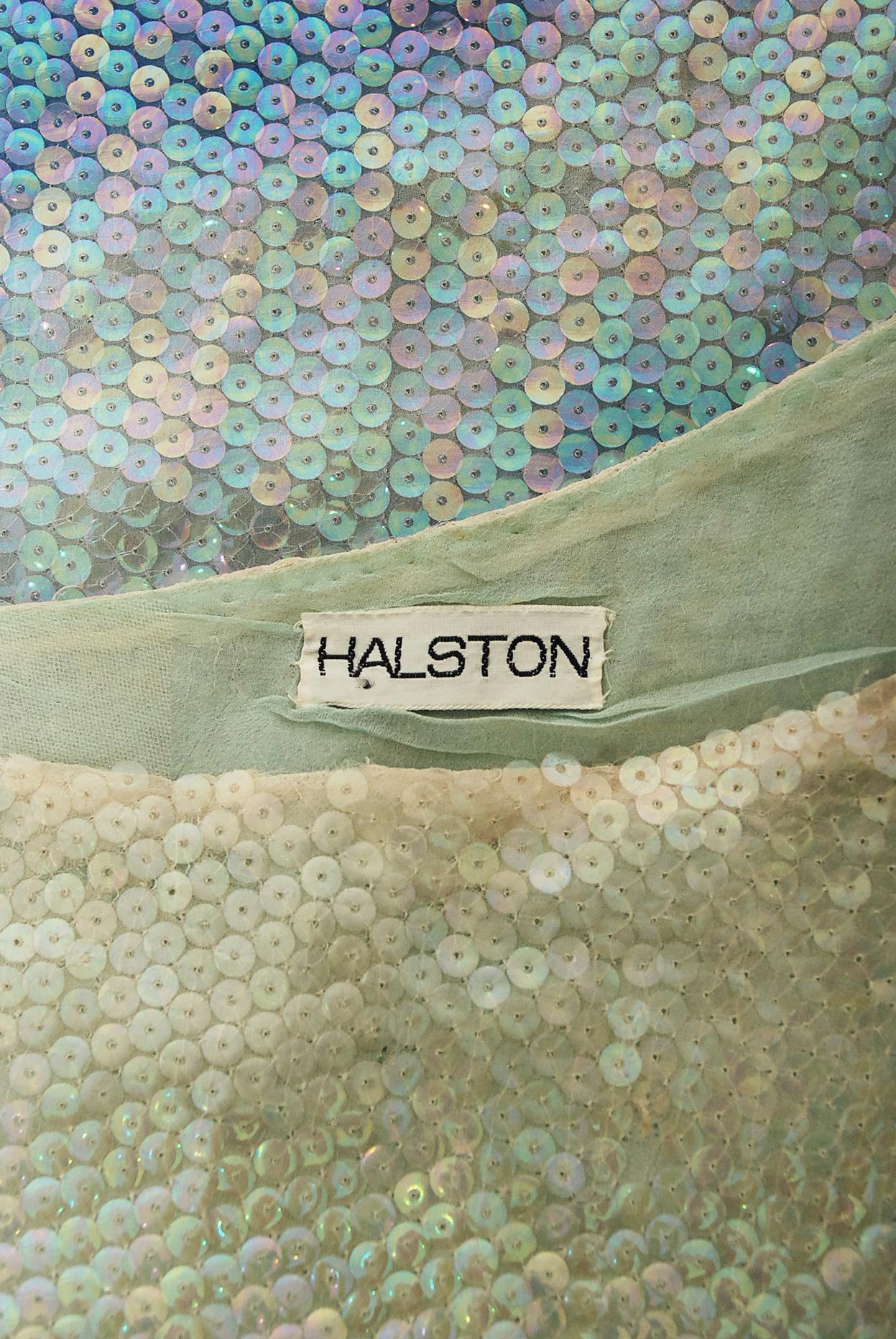 Vintage 1970's Halston Couture Sequin Silk Blue Clouds Tie-Dye One Shoulder Gown 2