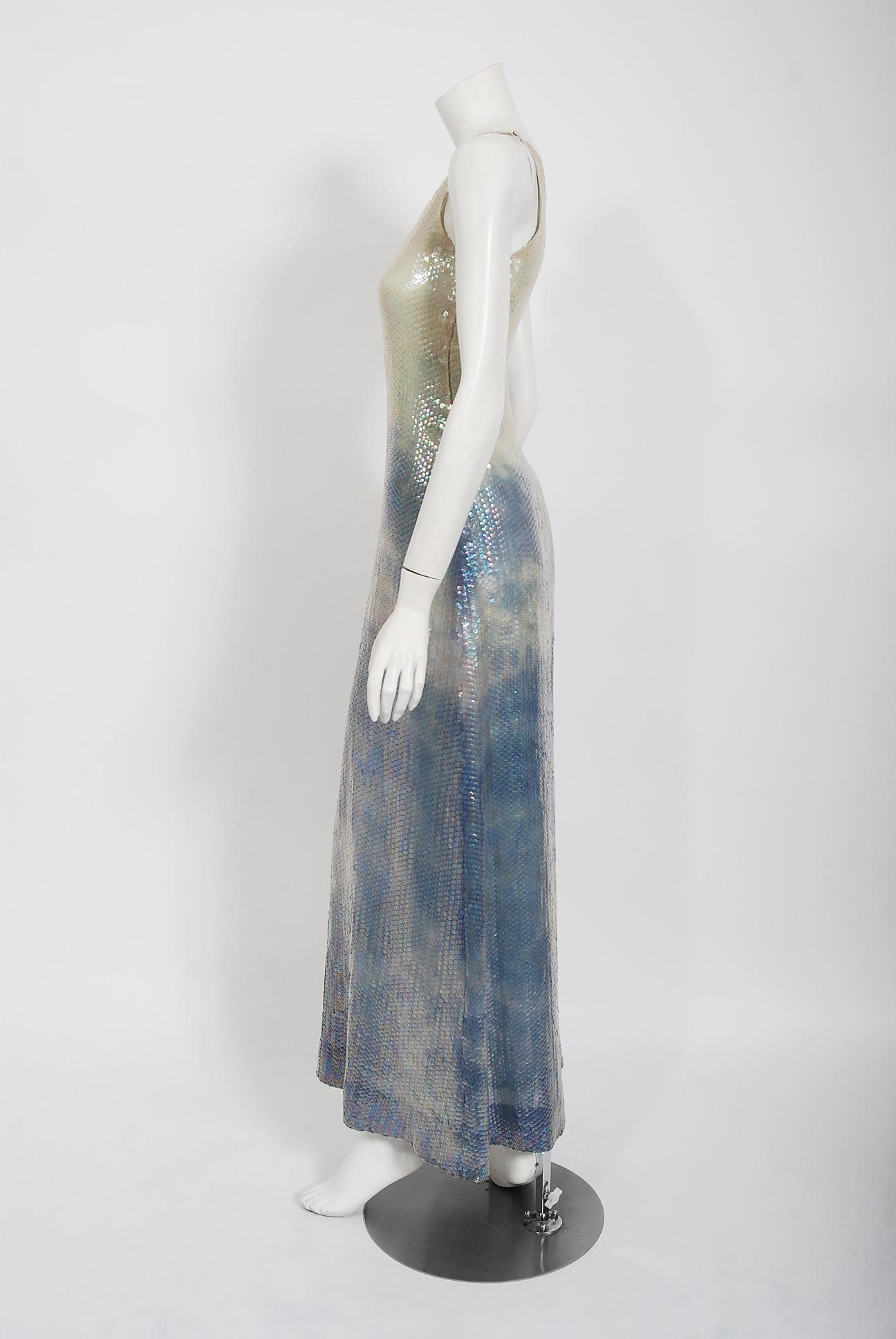 Vintage 1970's Halston Couture Sequin Silk Blue Clouds Tie-Dye One Shoulder Gown In Good Condition In Beverly Hills, CA