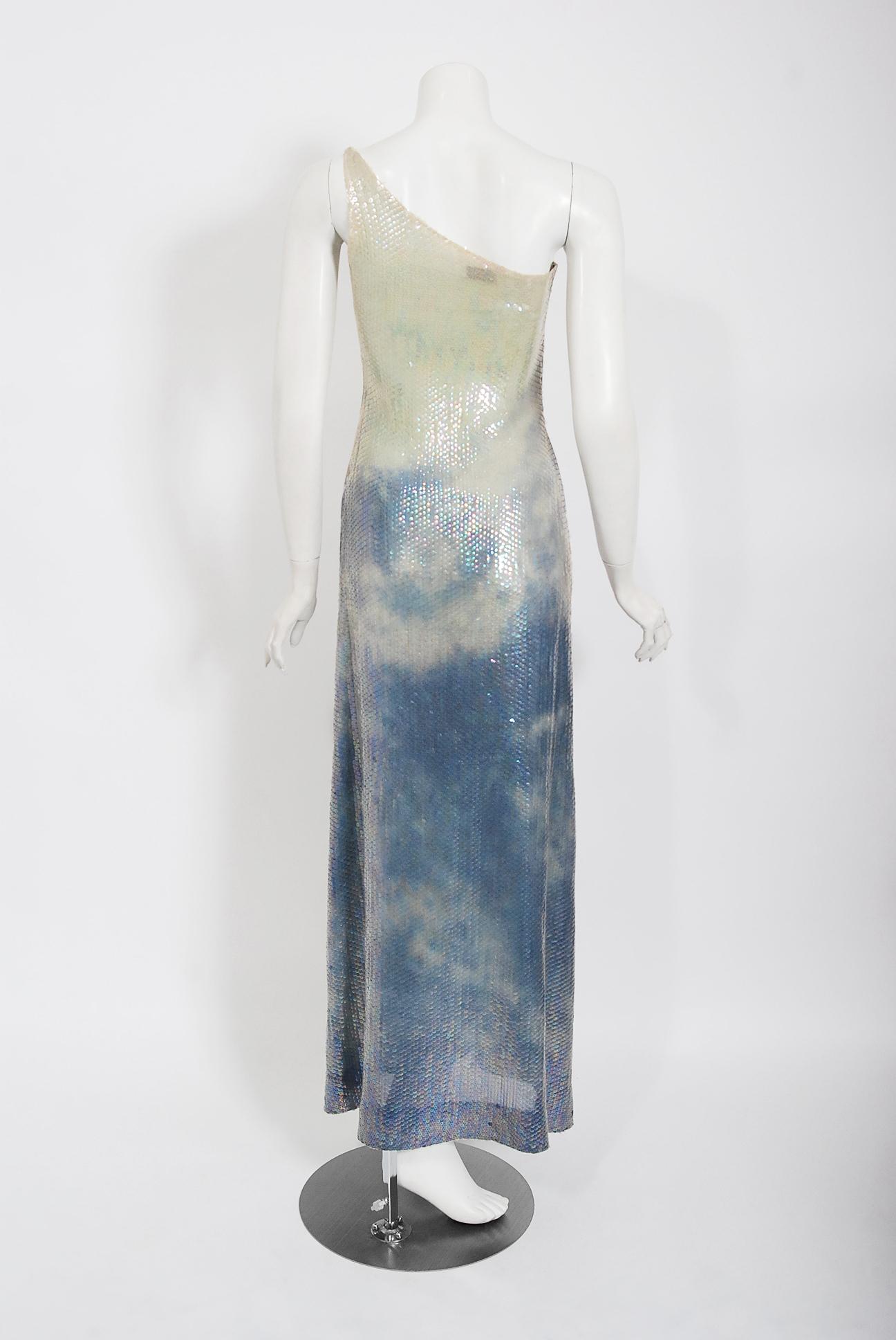 Women's Vintage 1970's Halston Couture Sequin Silk Blue Clouds Tie-Dye One Shoulder Gown