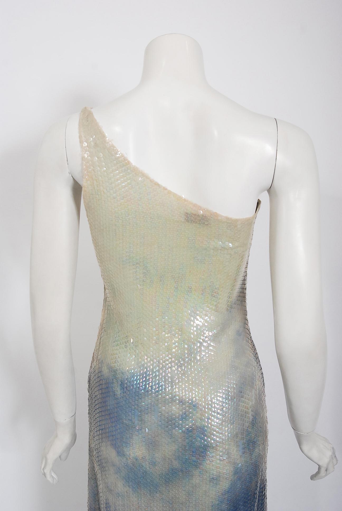 Vintage 1970's Halston Couture Sequin Silk Blue Clouds Tie-Dye One Shoulder Gown 1