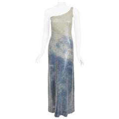 Vintage 1970's Halston Couture Sequin Silk Blue Clouds Tie-Dye One Shoulder Gown