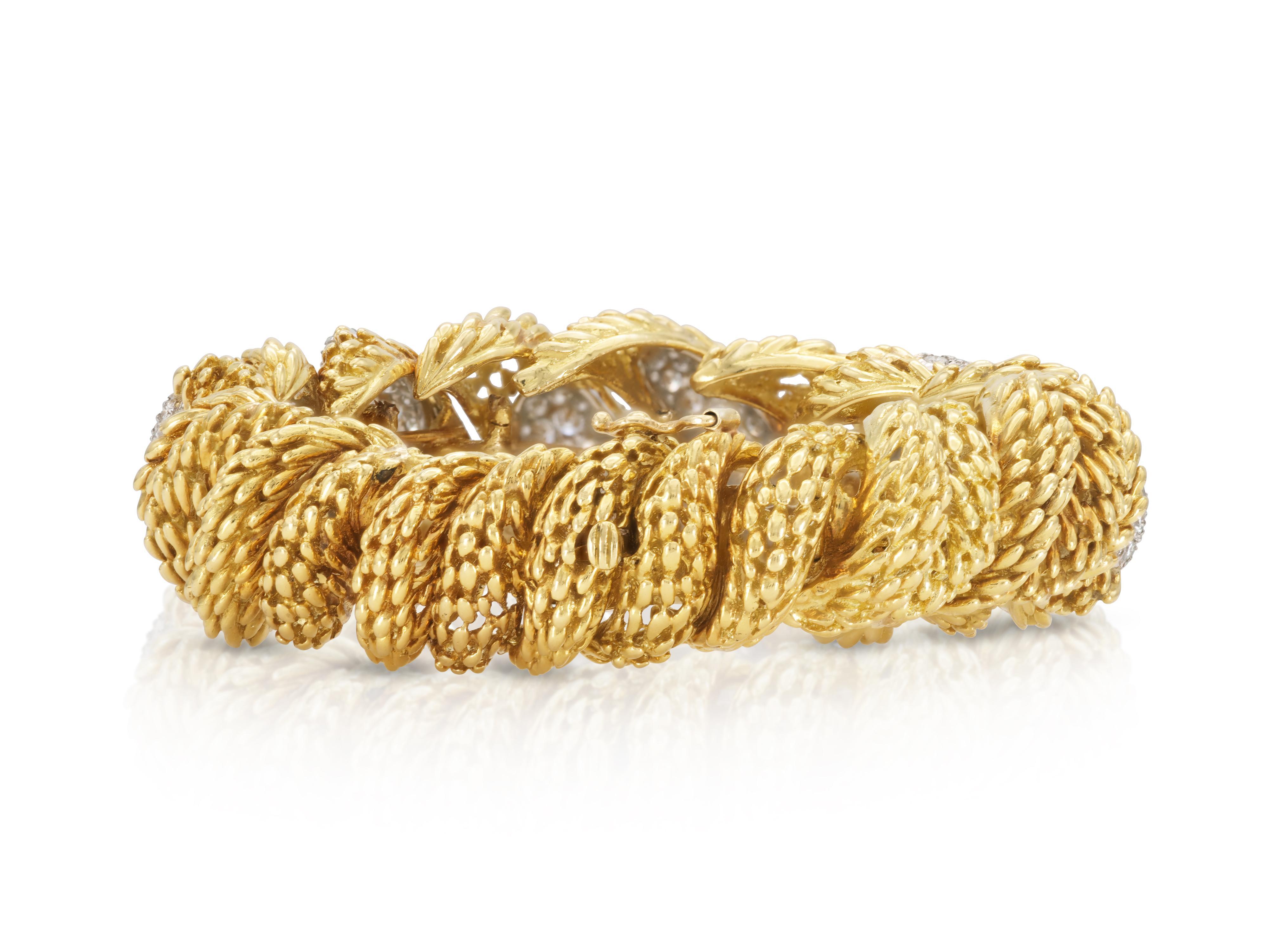 Round Cut Vintage 1970s Hammerman Brothers Gold and Diamond Twist Bracelet For Sale