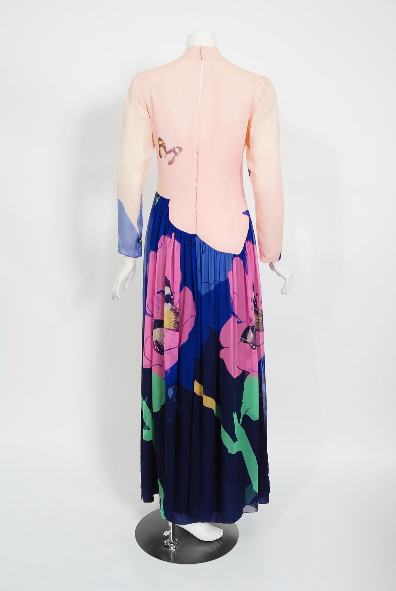 Vintage 1970's Hanae Mori Couture Butterfly Floral Print Silk Long-Sleeve Dress 2