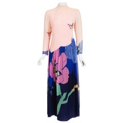 Vintage 1970's Hanae Mori Couture Butterfly Floral Print Silk Long-Sleeve Dress