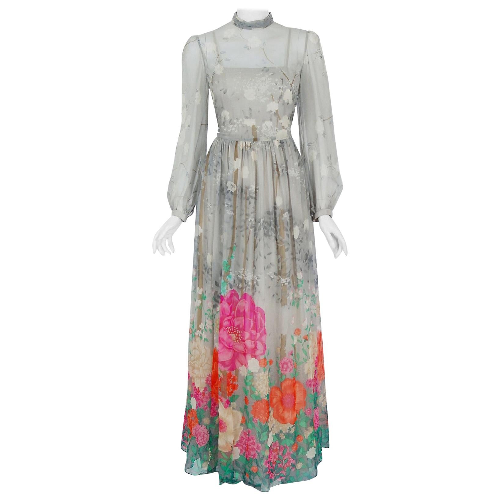 Vintage 1970's Hanae Mori Couture Floral Sheer Silk Billow Sleeve Illusion Gown