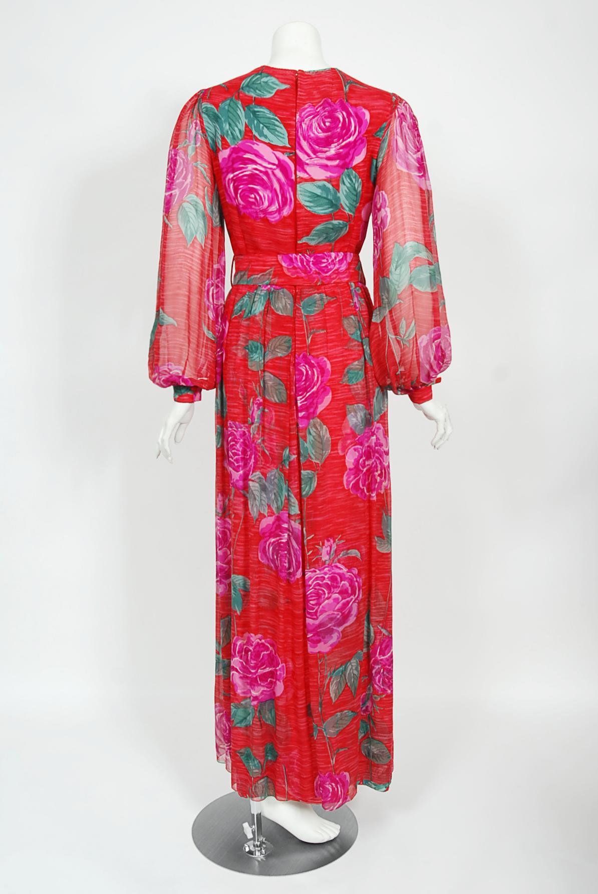 Vintage 1970s Hanae Mori Couture Large-Scale Roses Floral Print Silk Belted Gown 6