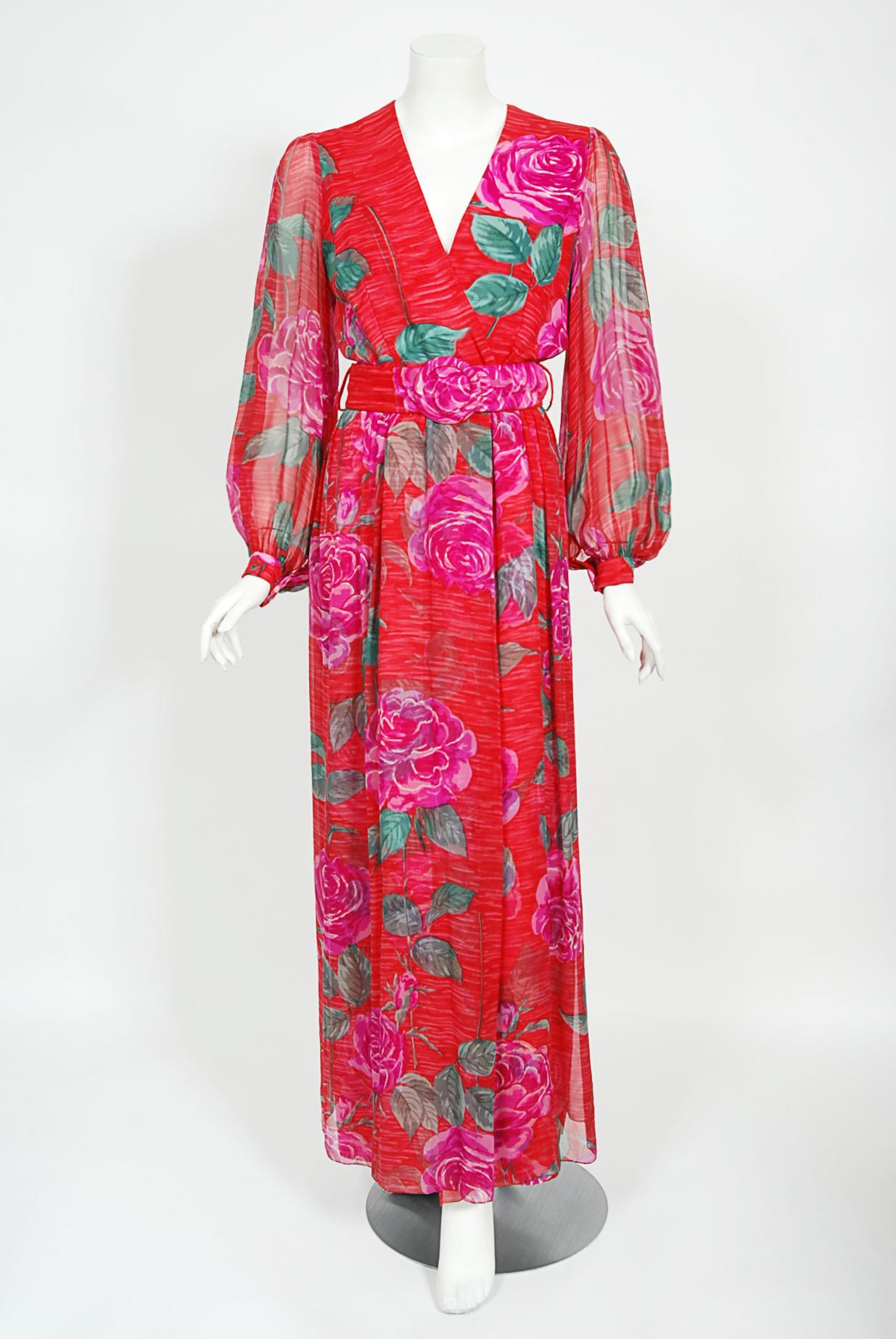 Vintage 1970s Hanae Mori Couture Large-Scale Roses Floral Print Silk Belted Gown 7