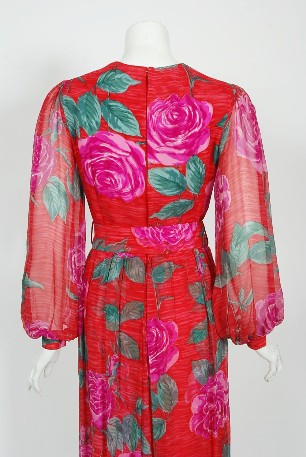 Vintage 1970s Hanae Mori Couture Large-Scale Roses Floral Print Silk Belted Gown 8