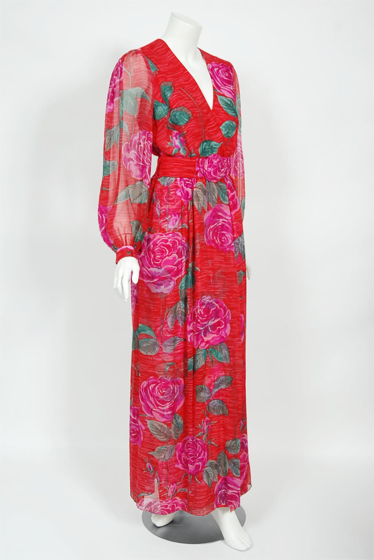 Vintage 1970s Hanae Mori Couture Large-Scale Roses Floral Print Silk Belted Gown 3