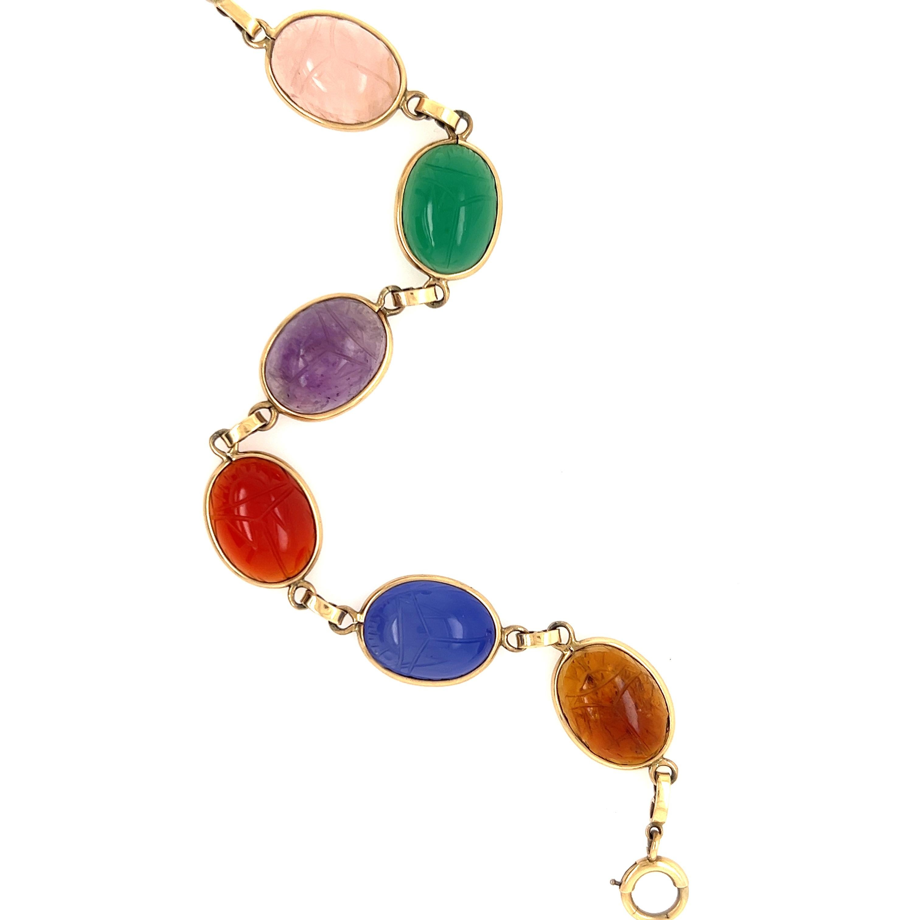Contemporary Vintage 1970s Hand Carved Scarab Multi-Gemstone Yellow Gold Bracelet