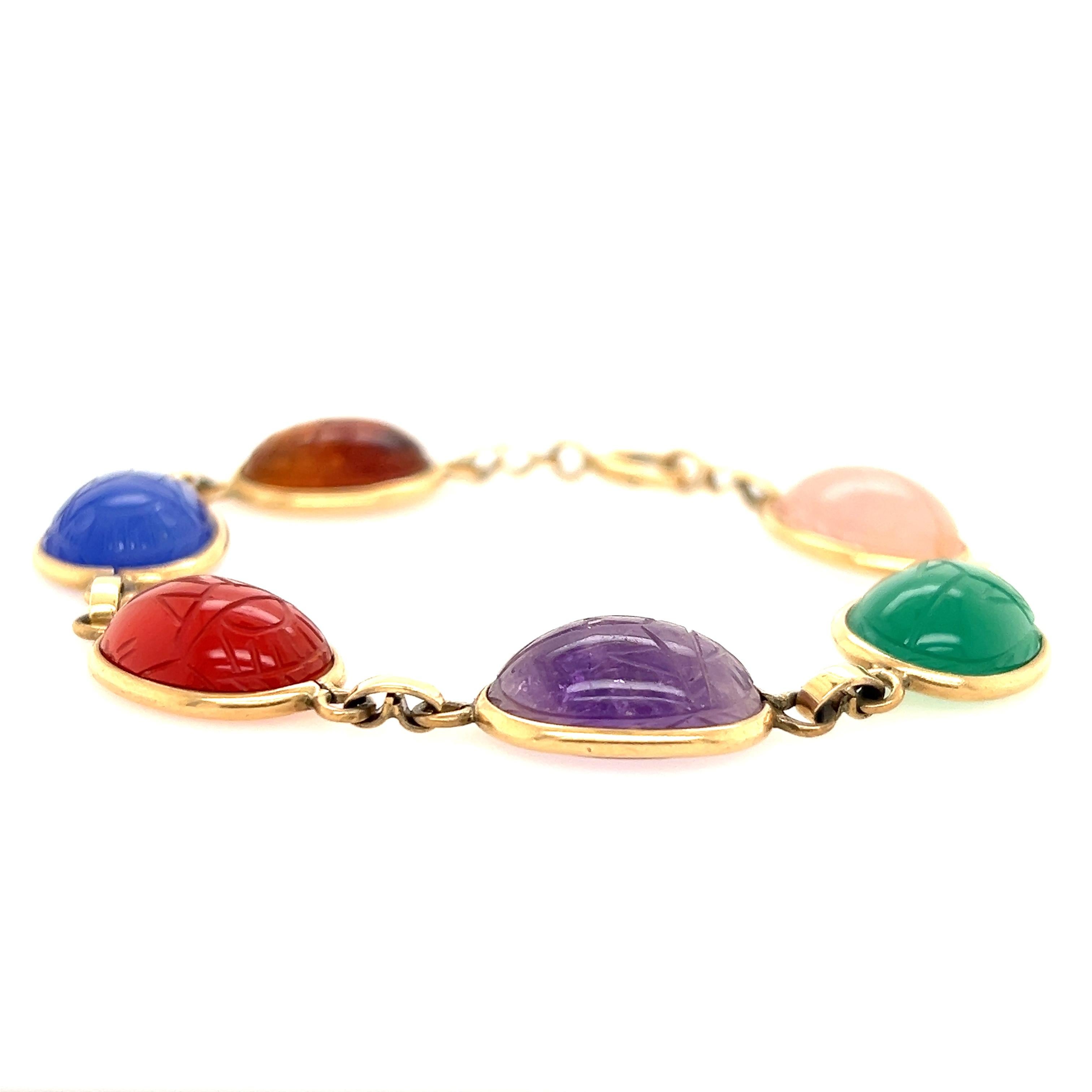 Vintage 1970s Hand Carved Scarab Multi-Gemstone Yellow Gold Bracelet In Good Condition In Towson, MD