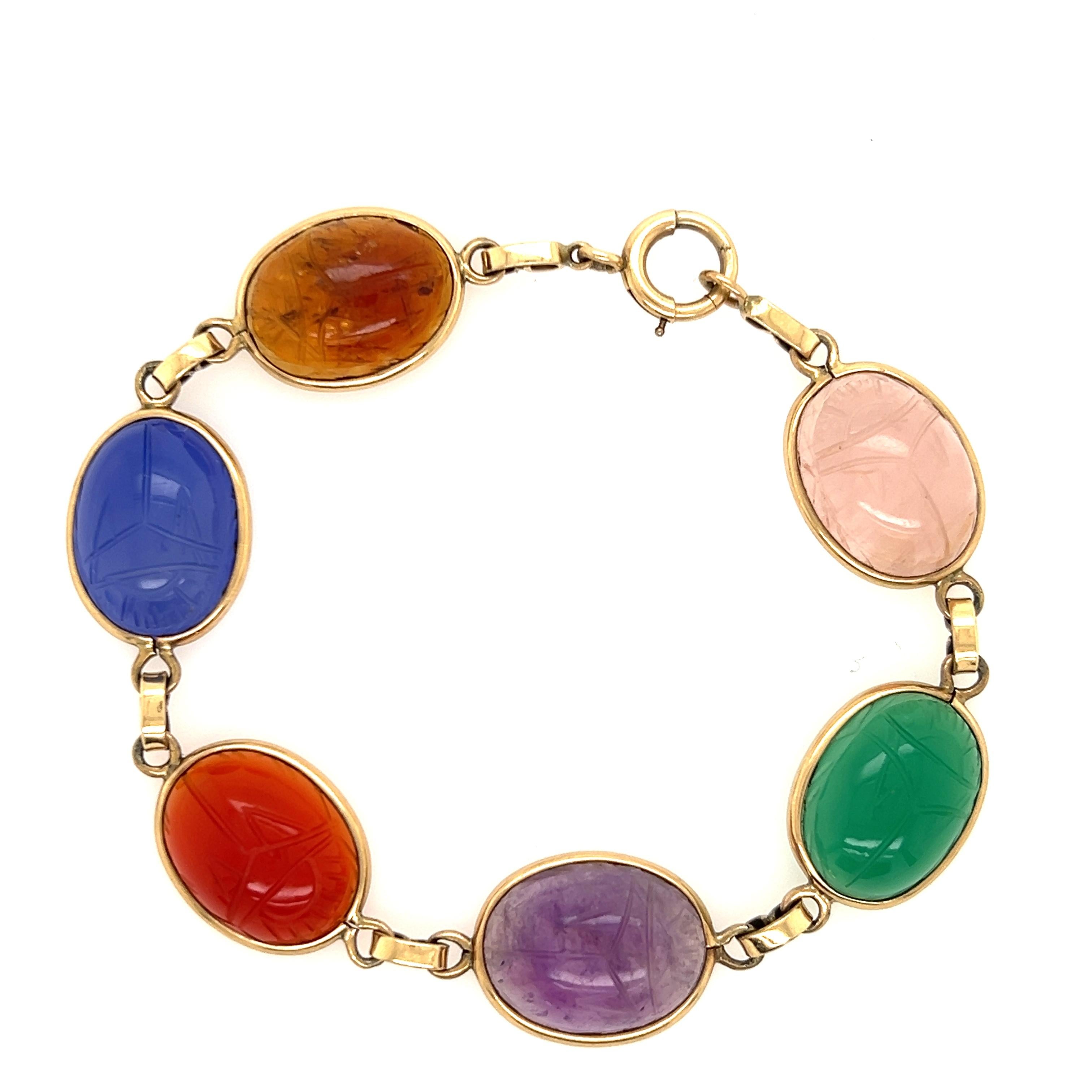 Women's or Men's Vintage 1970s Hand Carved Scarab Multi-Gemstone Yellow Gold Bracelet