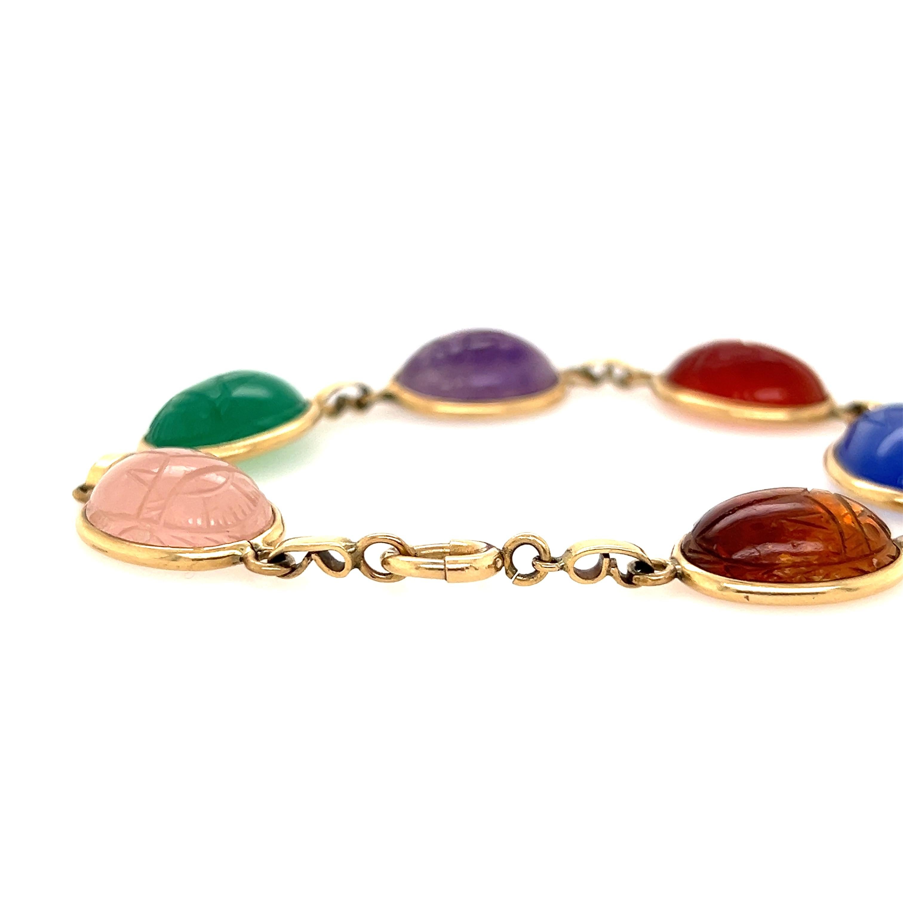 Vintage 1970s Hand Carved Scarab Multi-Gemstone Yellow Gold Bracelet 1