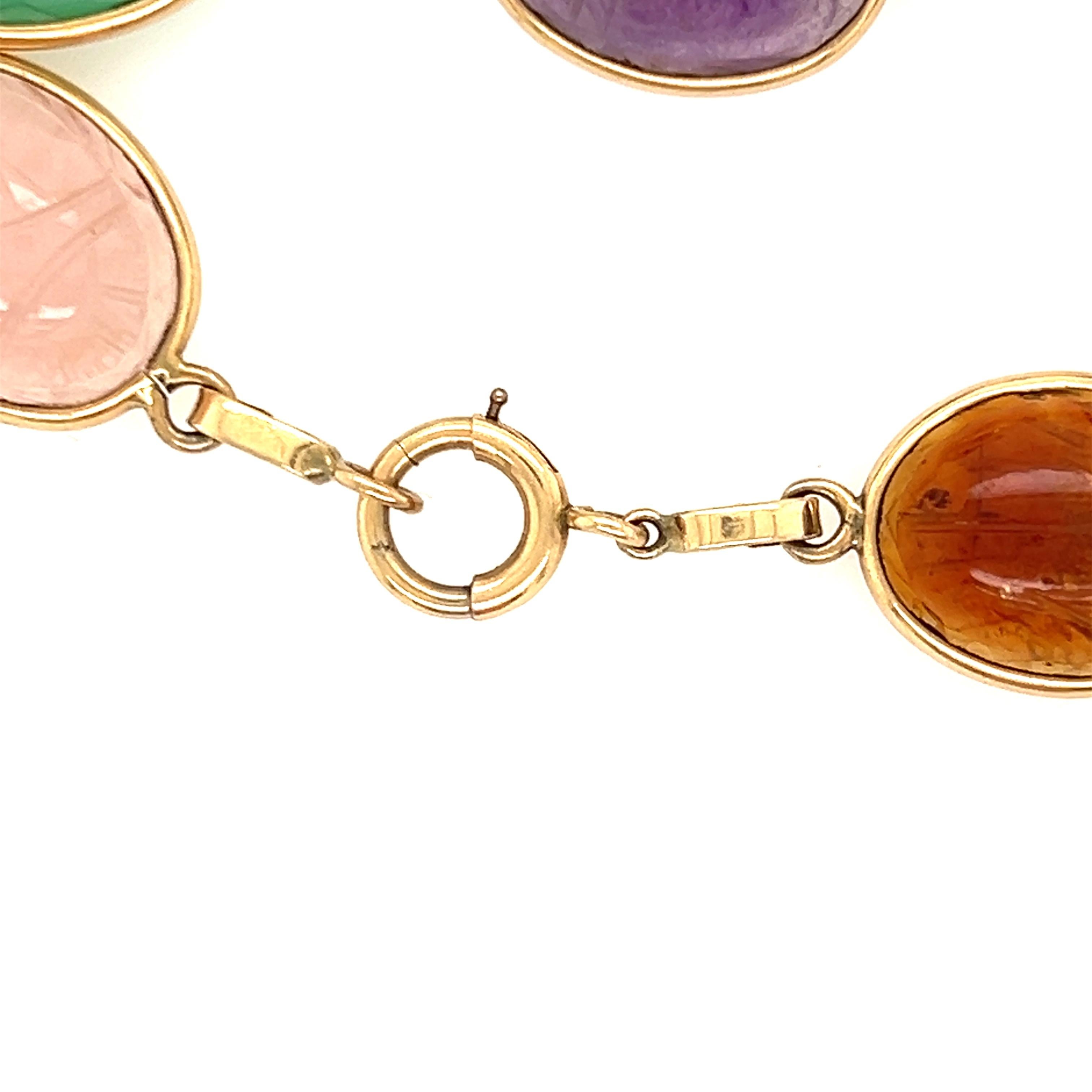 Vintage 1970s Hand Carved Scarab Multi-Gemstone Yellow Gold Bracelet 2