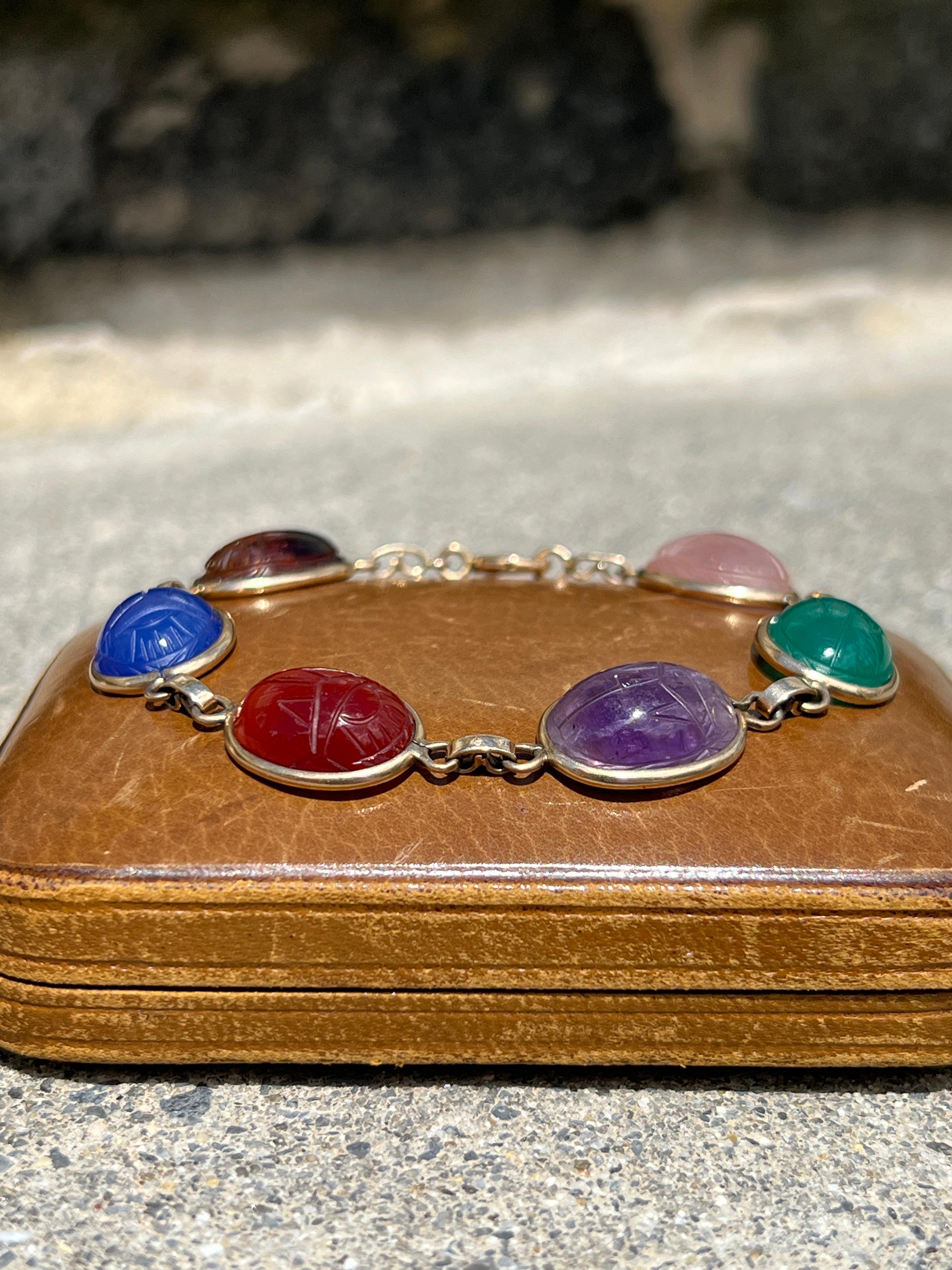 Vintage 1970s Hand Carved Scarab Multi-Gemstone Yellow Gold Bracelet 3