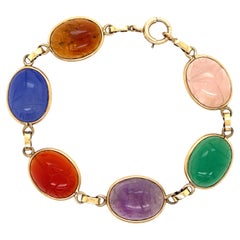 Vintage 1970s Hand Carved Scarab Multi-Gemstone Yellow Gold Bracelet