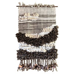 Vintage 1970s Hand Knotted Wall Tapestry Textile Art with Ceramic Bead Fringe