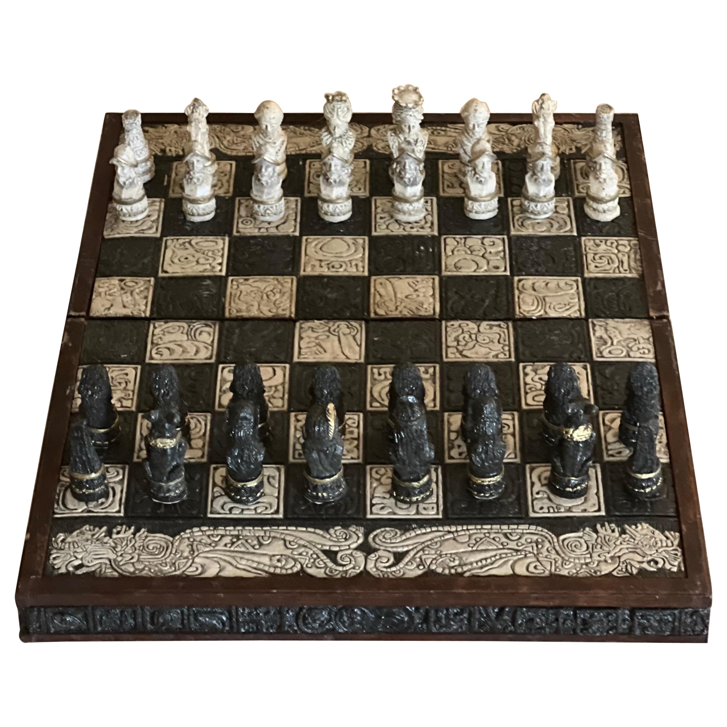 Ensemble backgammon/échecs vintage des années 1970, peint à la main, en pierre et résine