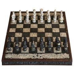 Ensemble backgammon/échecs vintage des années 1970, peint à la main, en pierre et résine