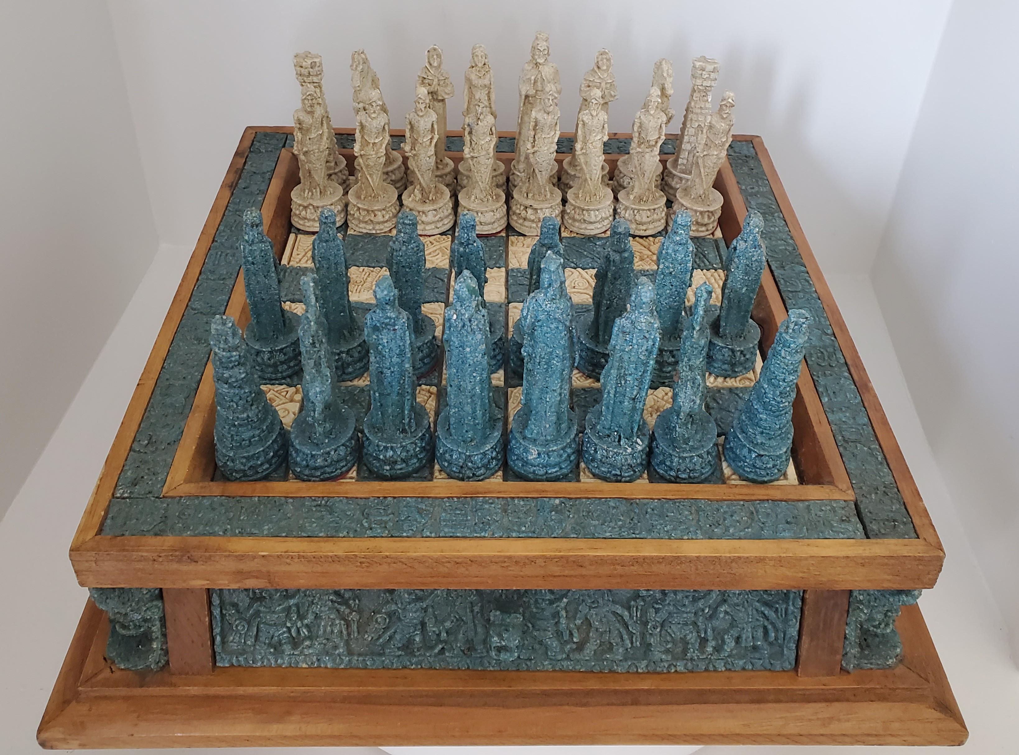 Vintage 1970s Handmade Wood And Composite Stone Chess Set 5