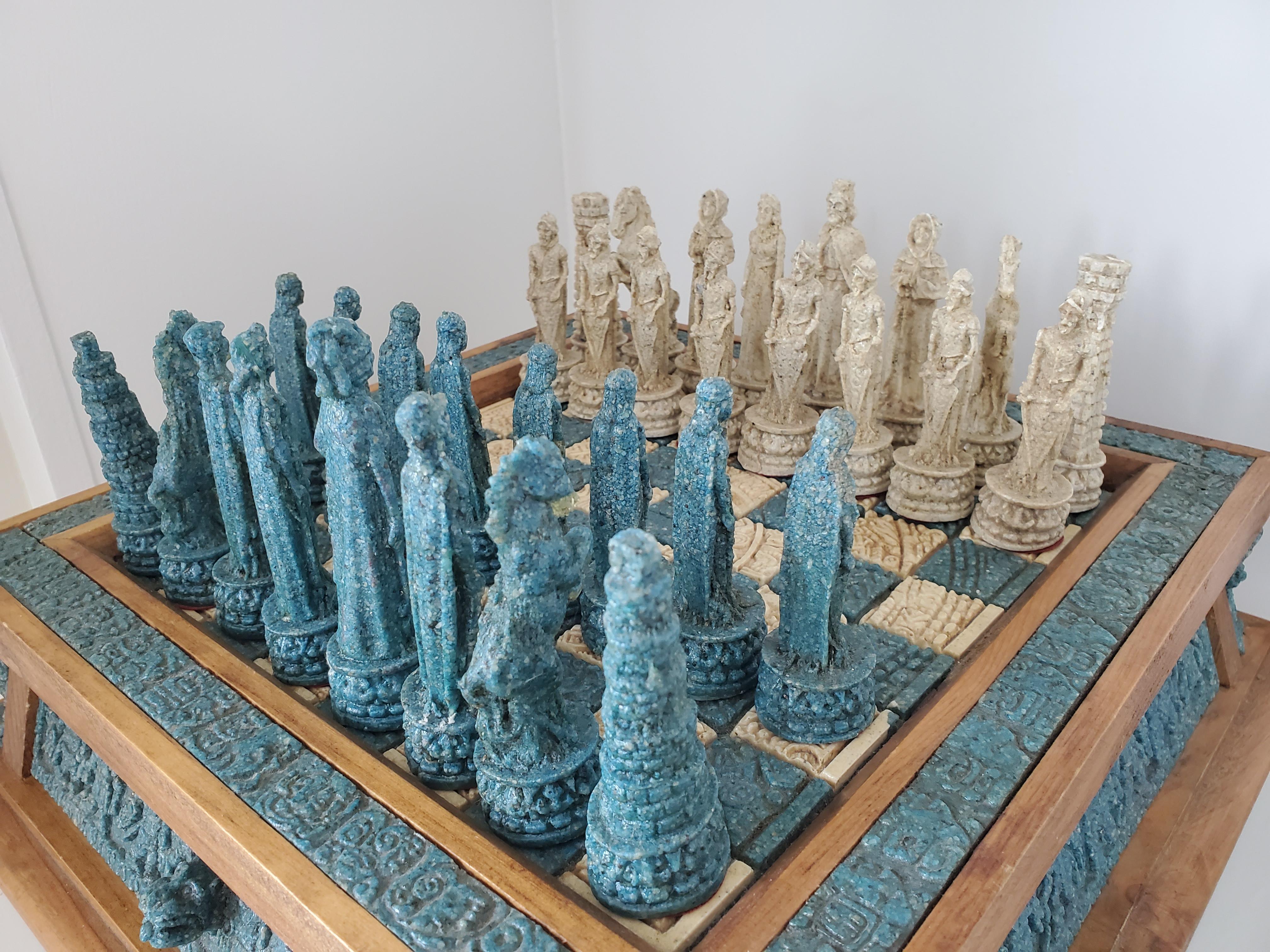 Vintage 1970s Handmade Wood And Composite Stone Chess Set 6