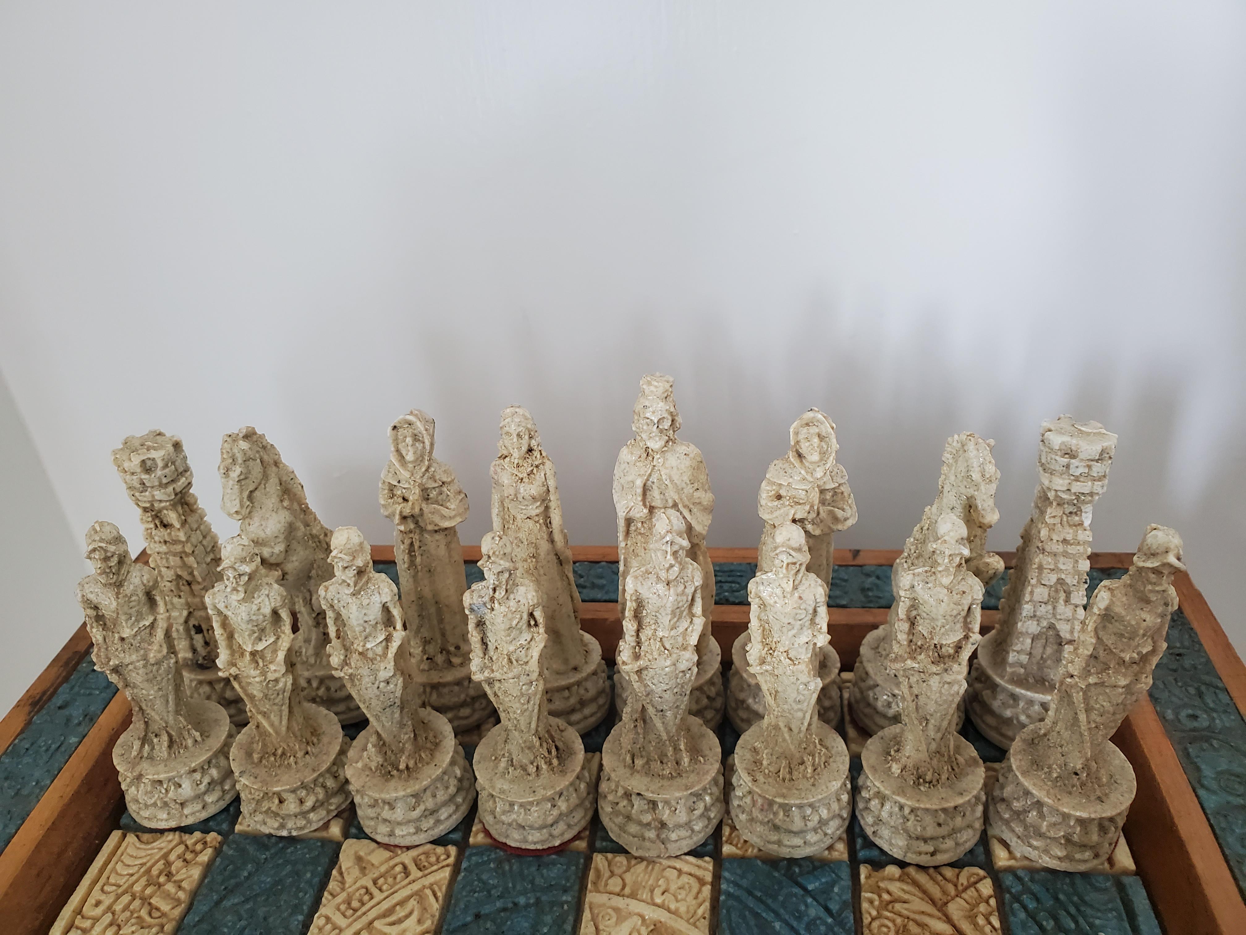 Vintage 1970s Handmade Wood And Composite Stone Chess Set 7