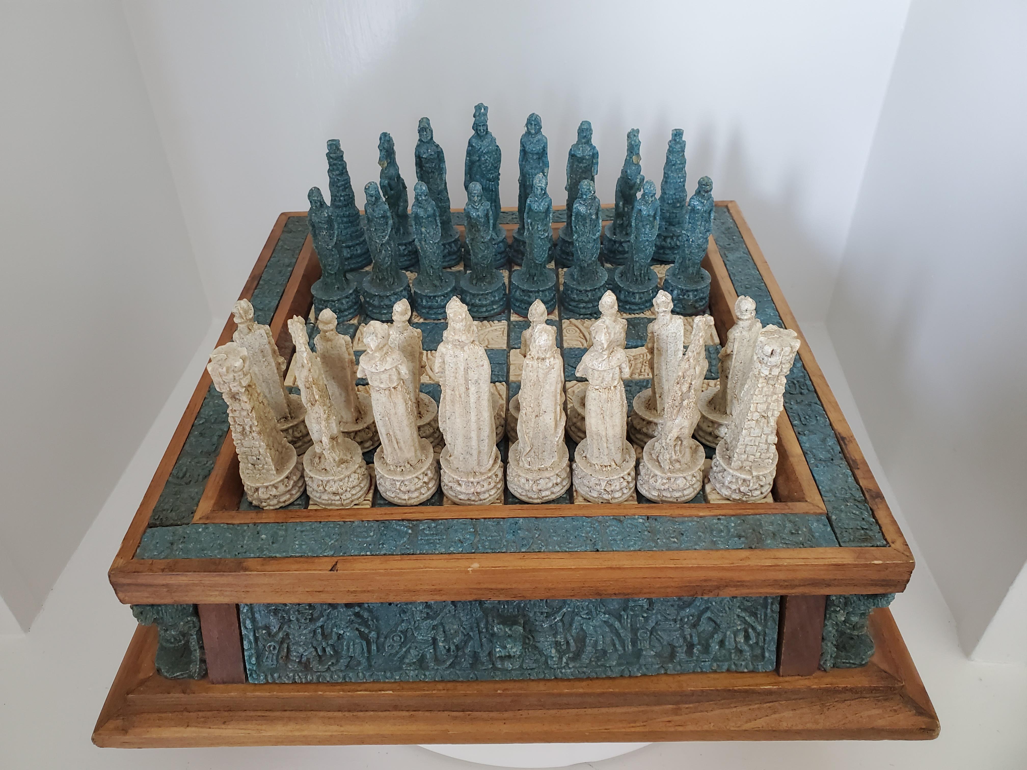 Vintage 1970s Handmade Wood And Composite Stone Chess Set 9