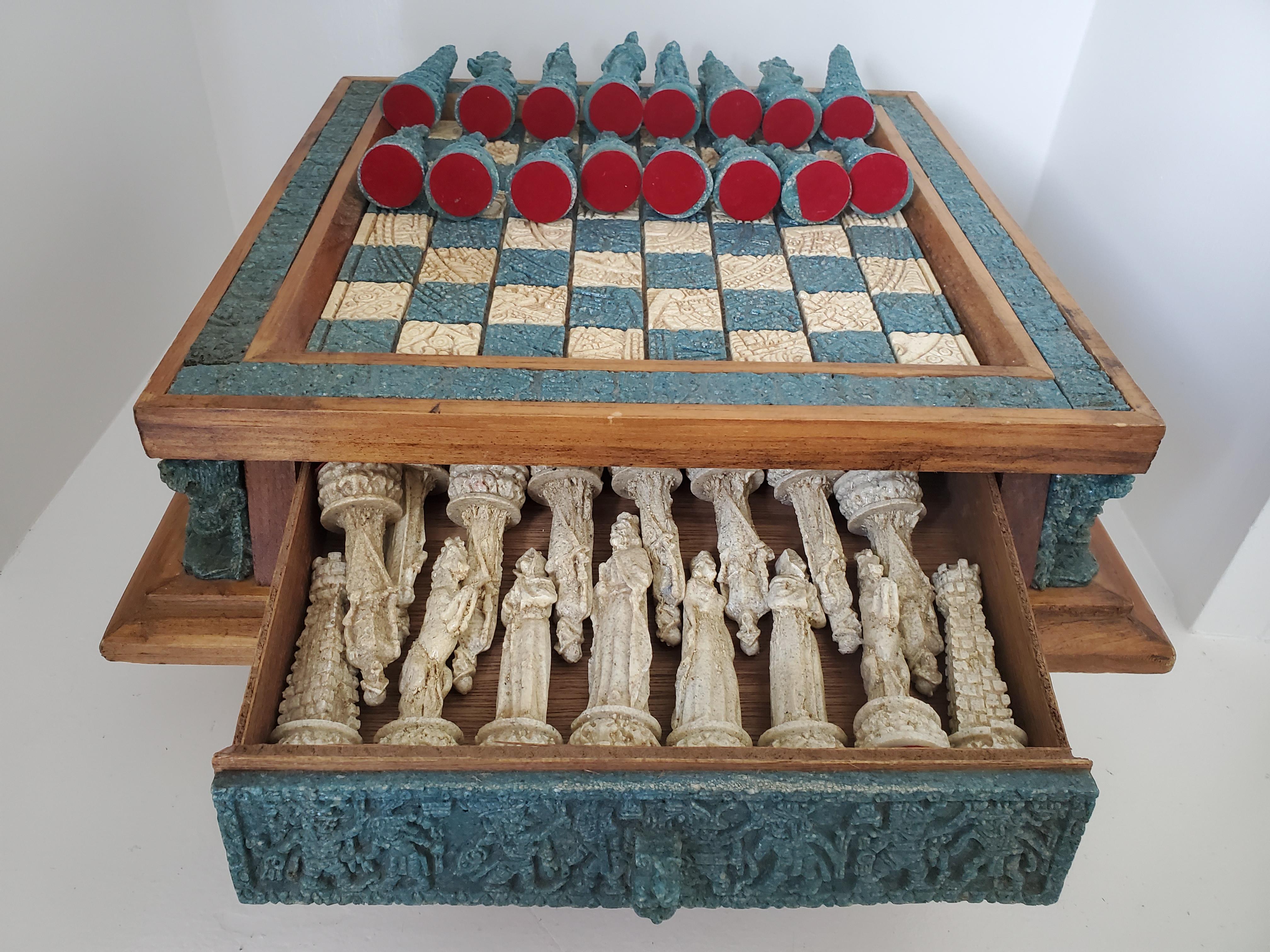 Vintage 1970s Handmade Wood And Composite Stone Chess Set 10