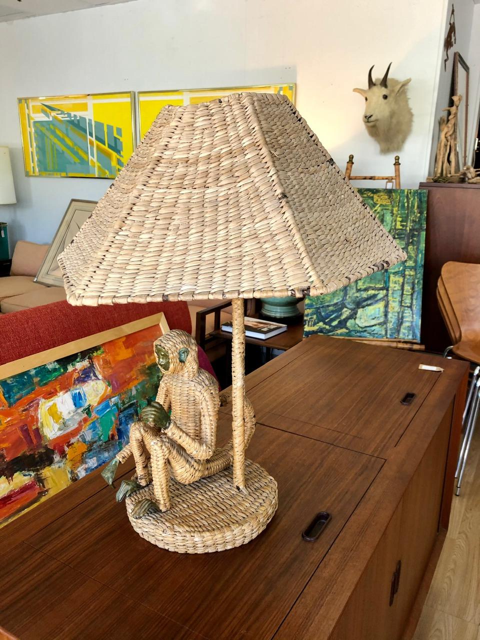 Vintage 1970s Handmade Woven Rattan Monkey Table Lamp 4