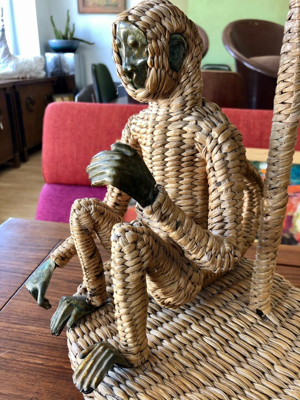 Mexican Vintage 1970s Handmade Woven Rattan Monkey Table Lamp