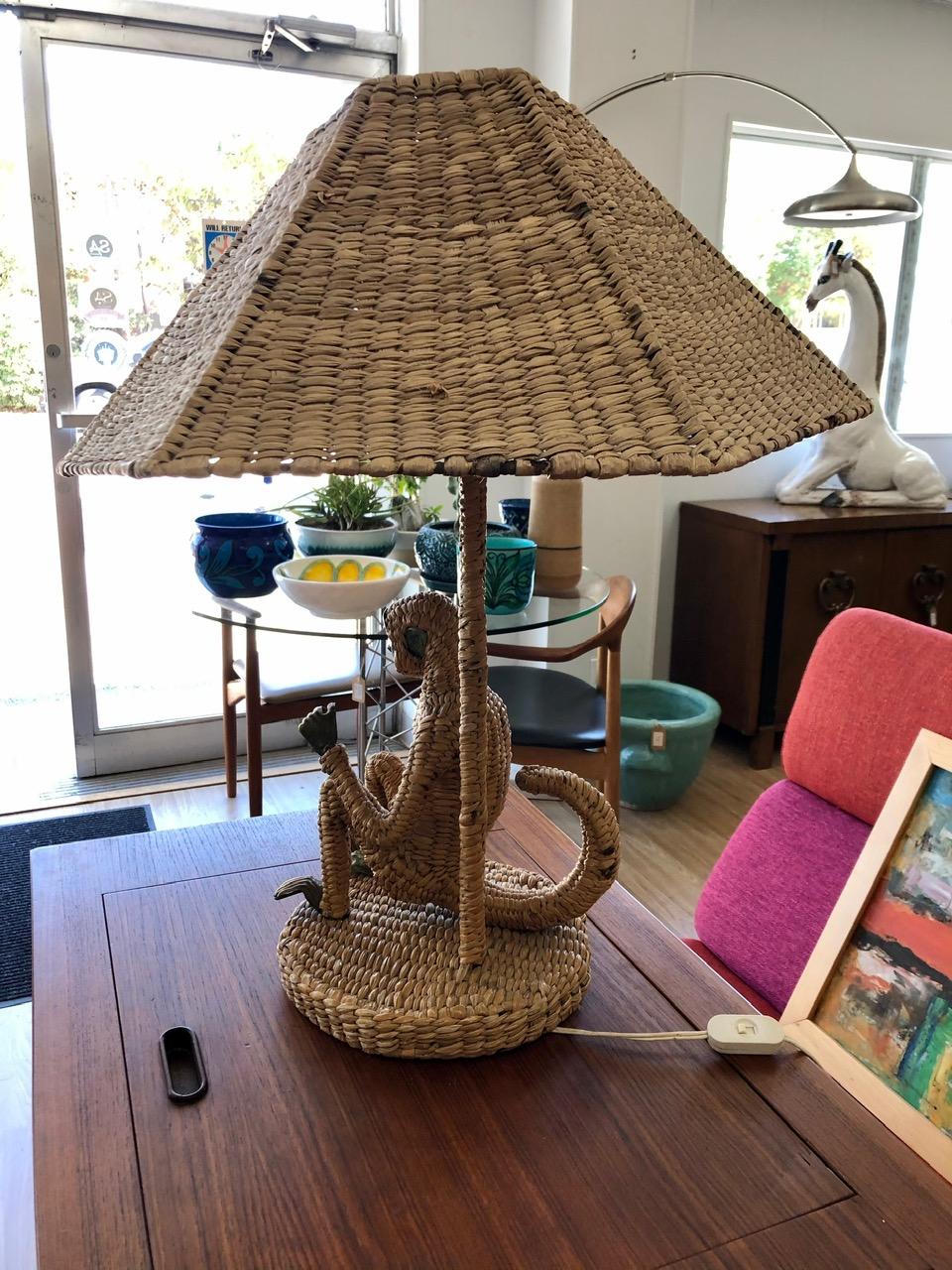 Vintage 1970s Handmade Woven Rattan Monkey Table Lamp In Good Condition In San Antonio, TX